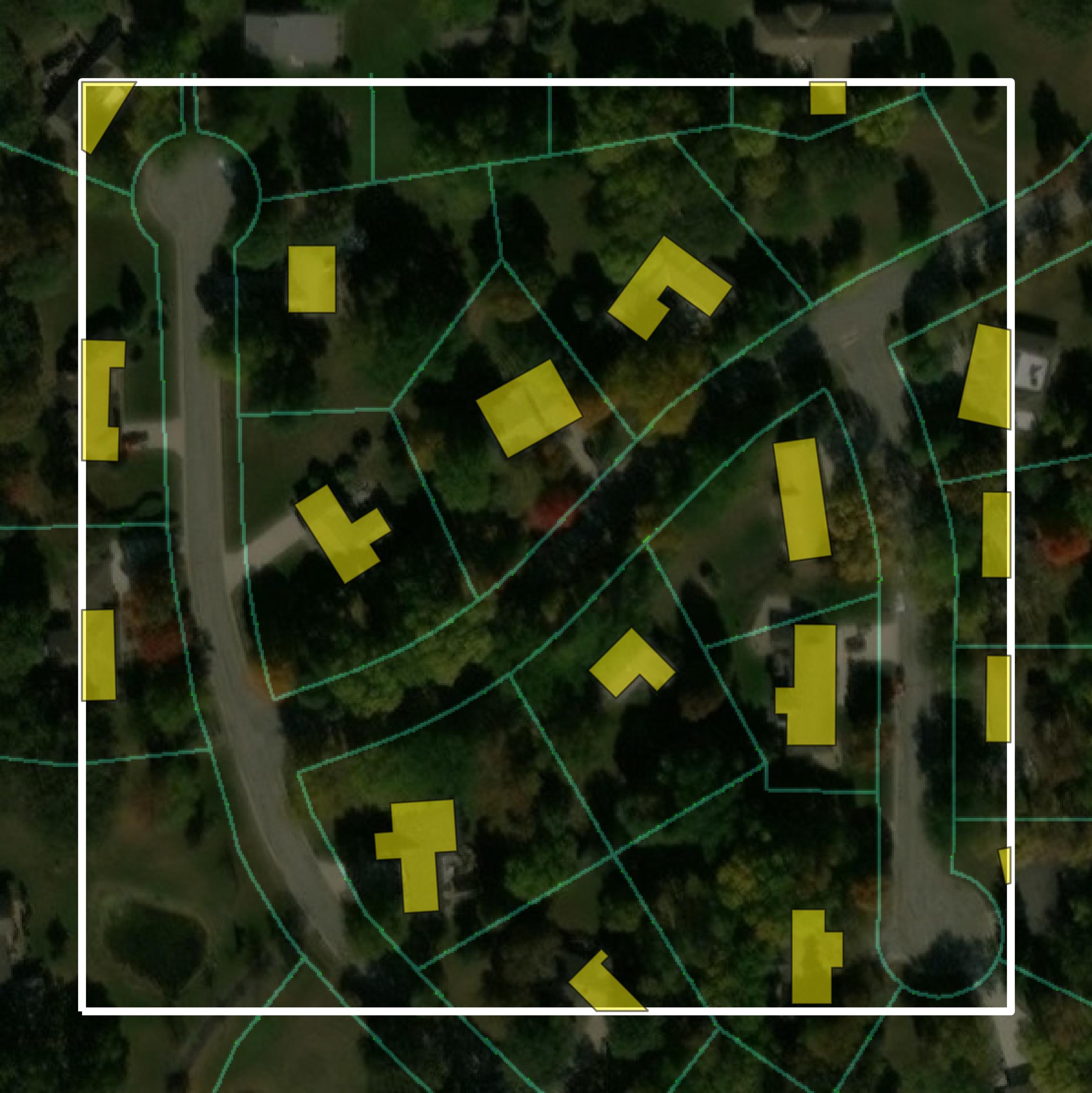This image shows parcel and building data in Hancock County created using GIS data in Equator.