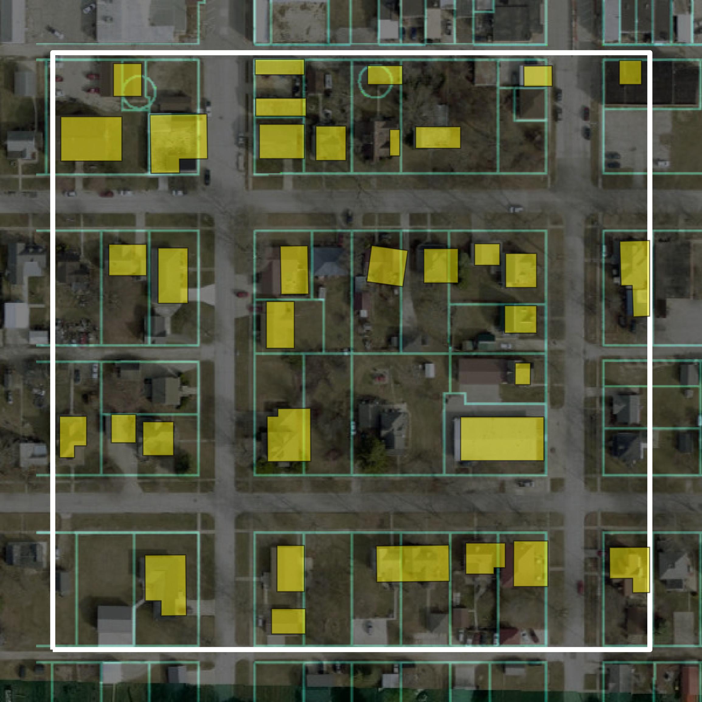 This image shows parcel and building data in Hardin County created using GIS data in Equator.