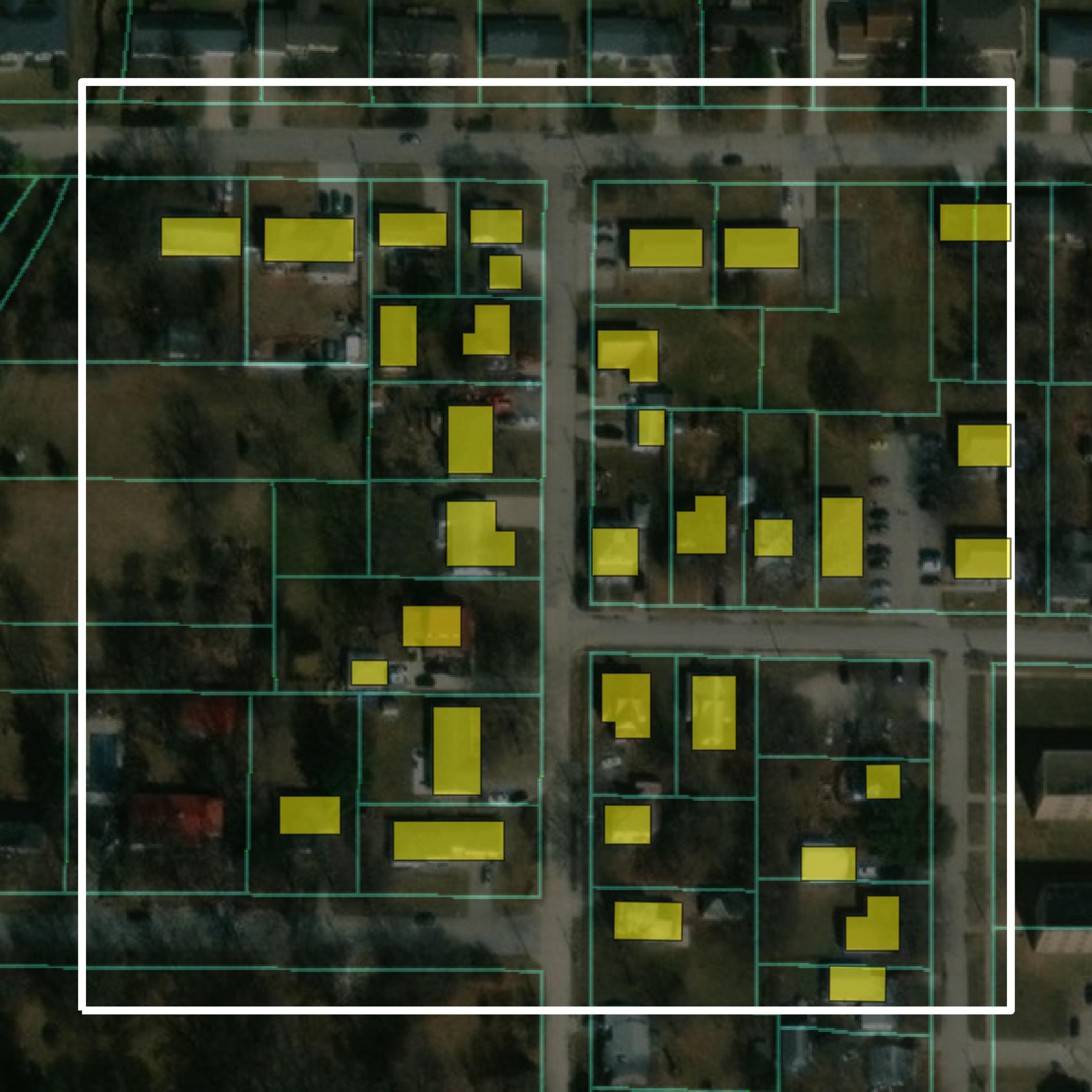 This image shows parcel and building data in Henry County created using GIS data in Equator.