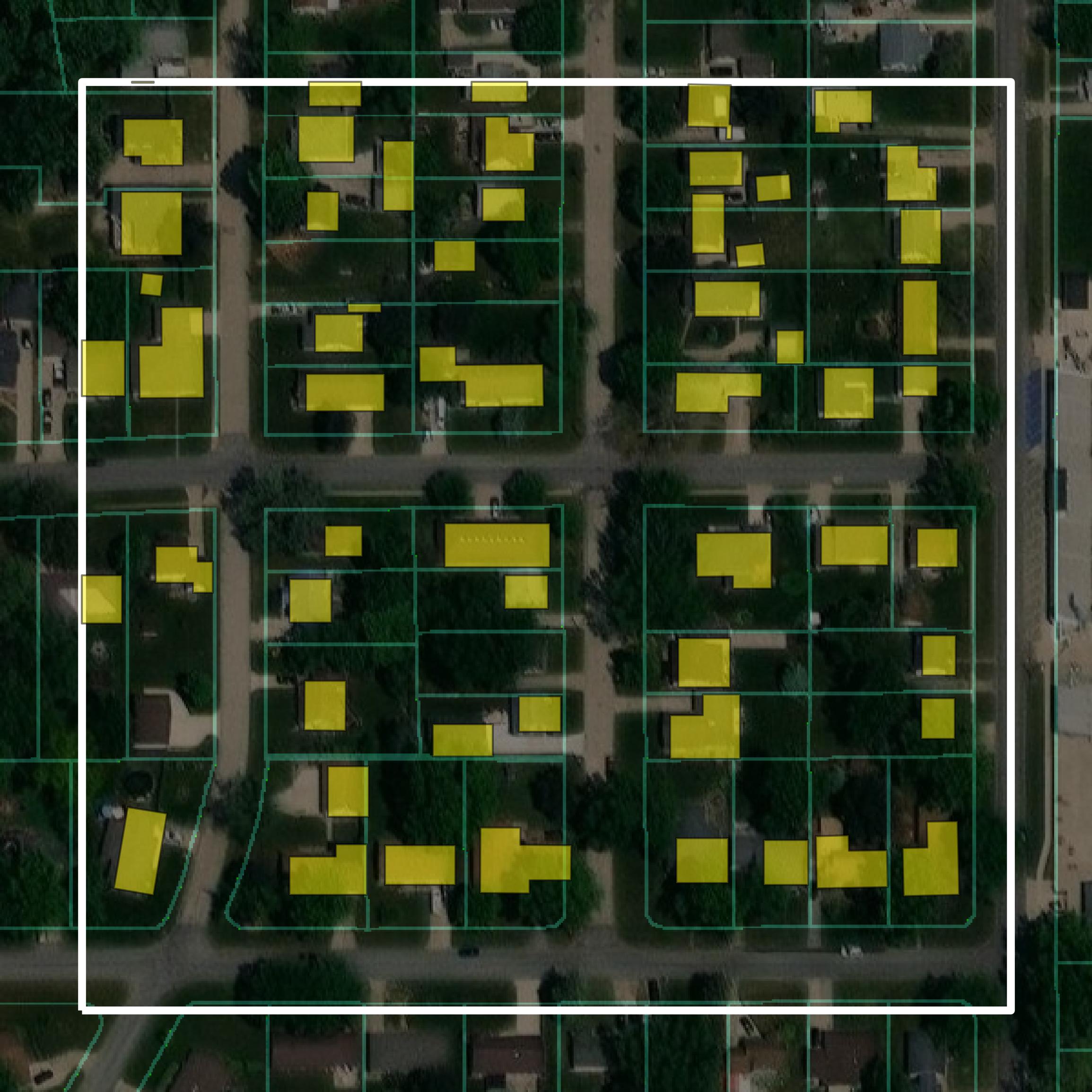 This image shows parcel and building data in Jasper County created using GIS data in Equator.