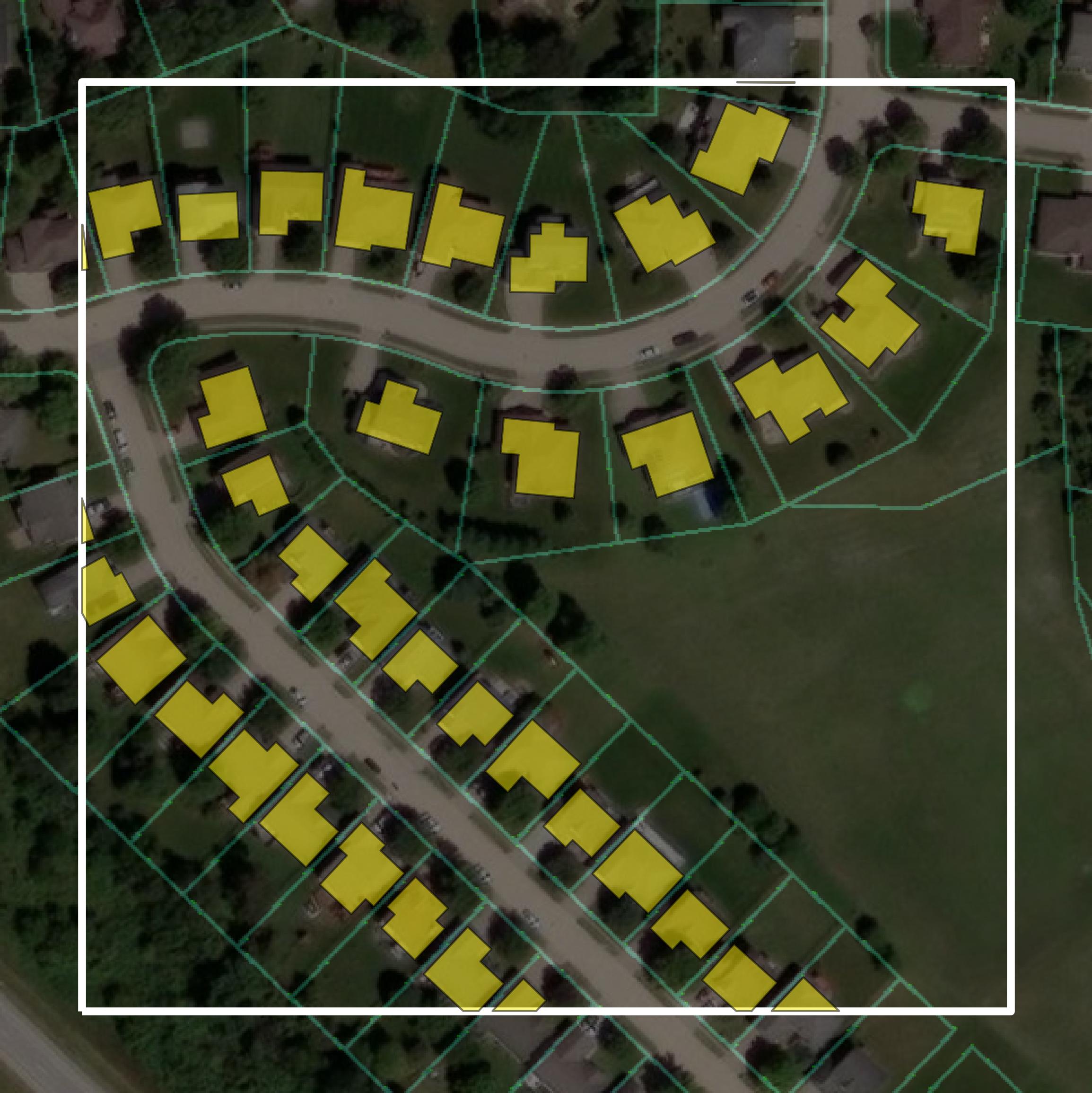 This image shows parcel and building data in Johnson County created using GIS data in Equator.