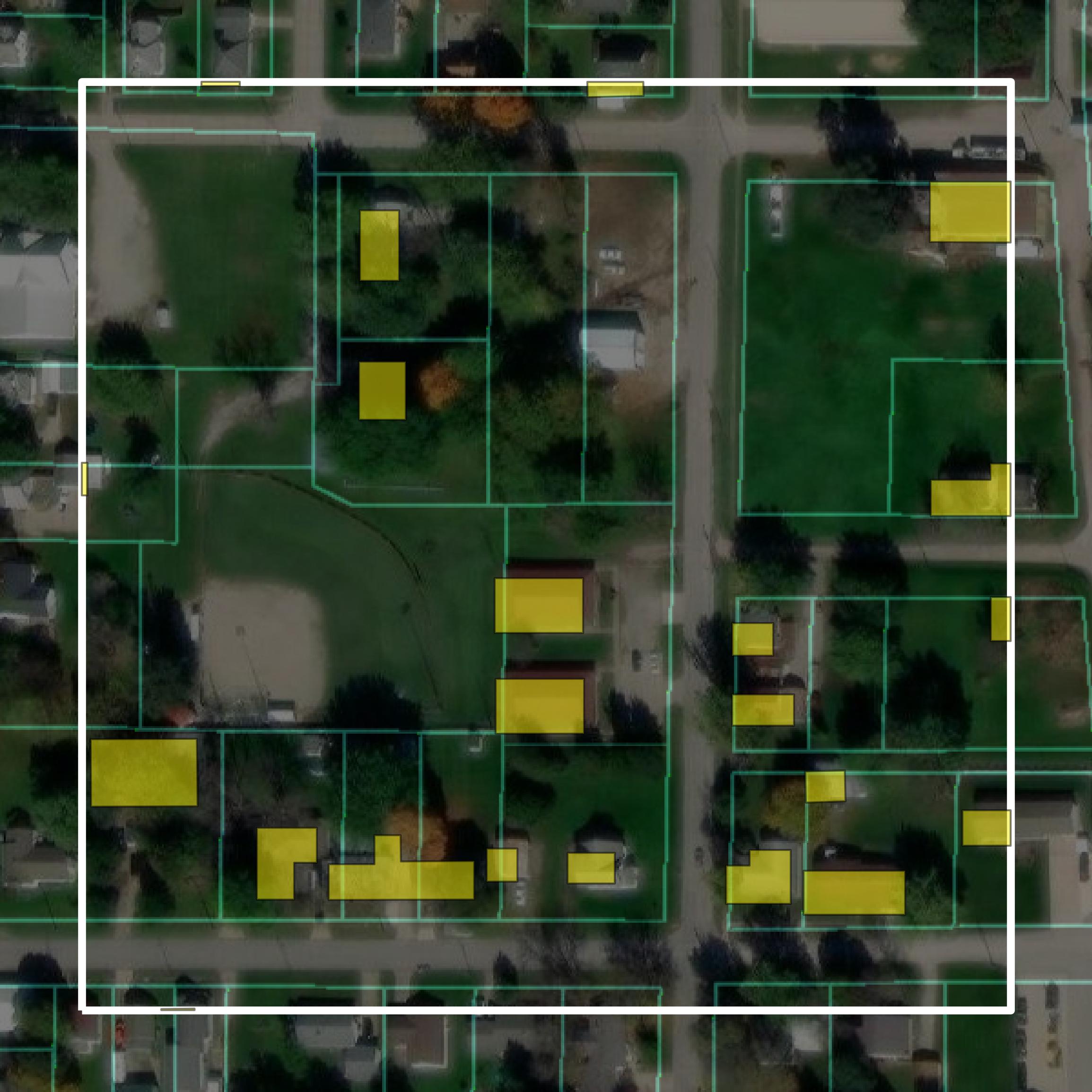 This image shows parcel and building data in Mahaska County created using GIS data in Equator.