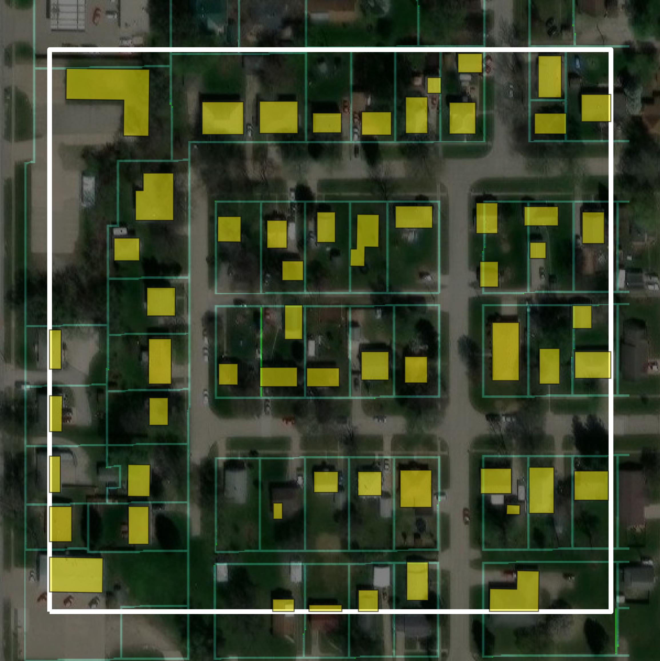 This image shows parcel and building data in Marion County created using GIS data in Equator.