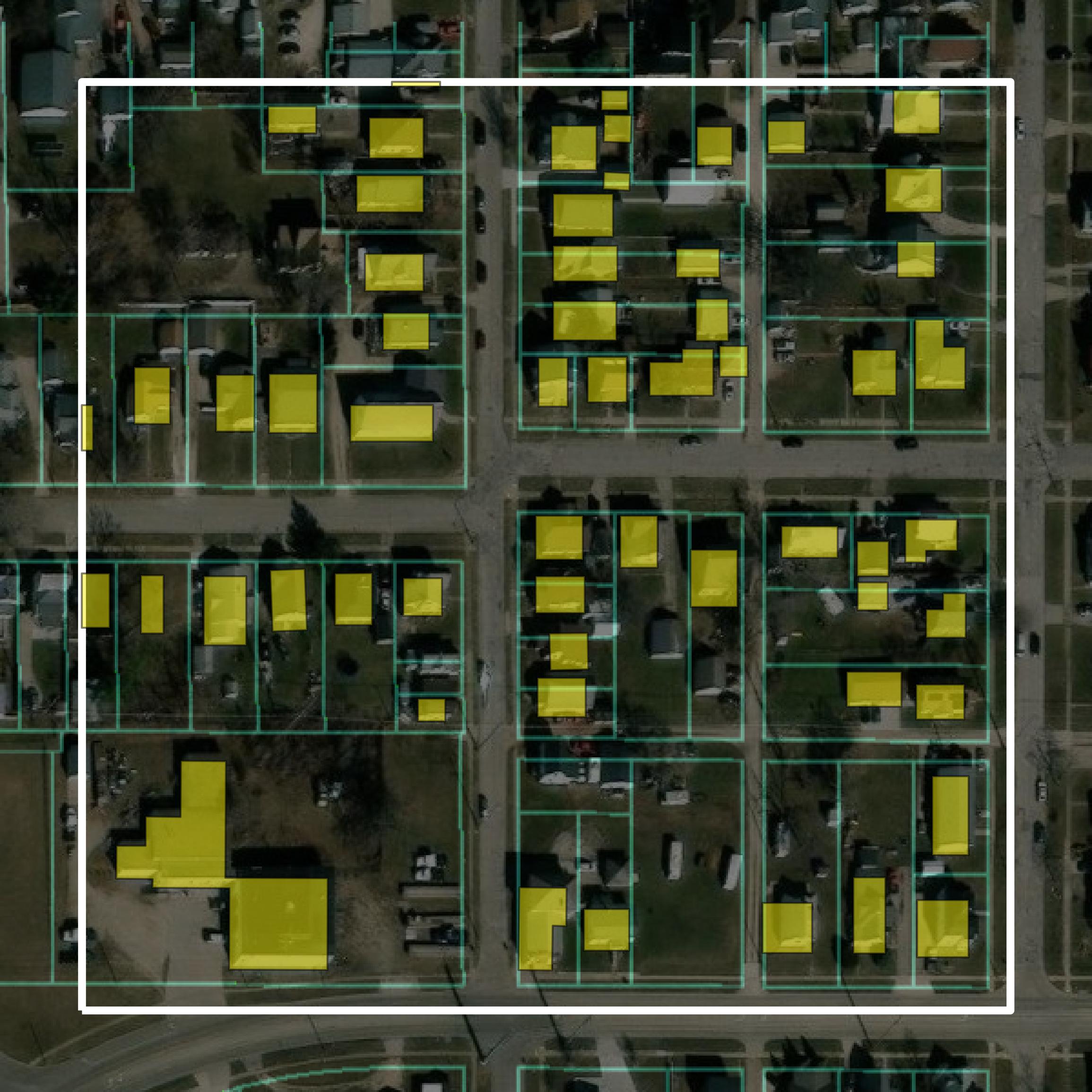 This image shows parcel and building data in Marshall County created using GIS data in Equator.