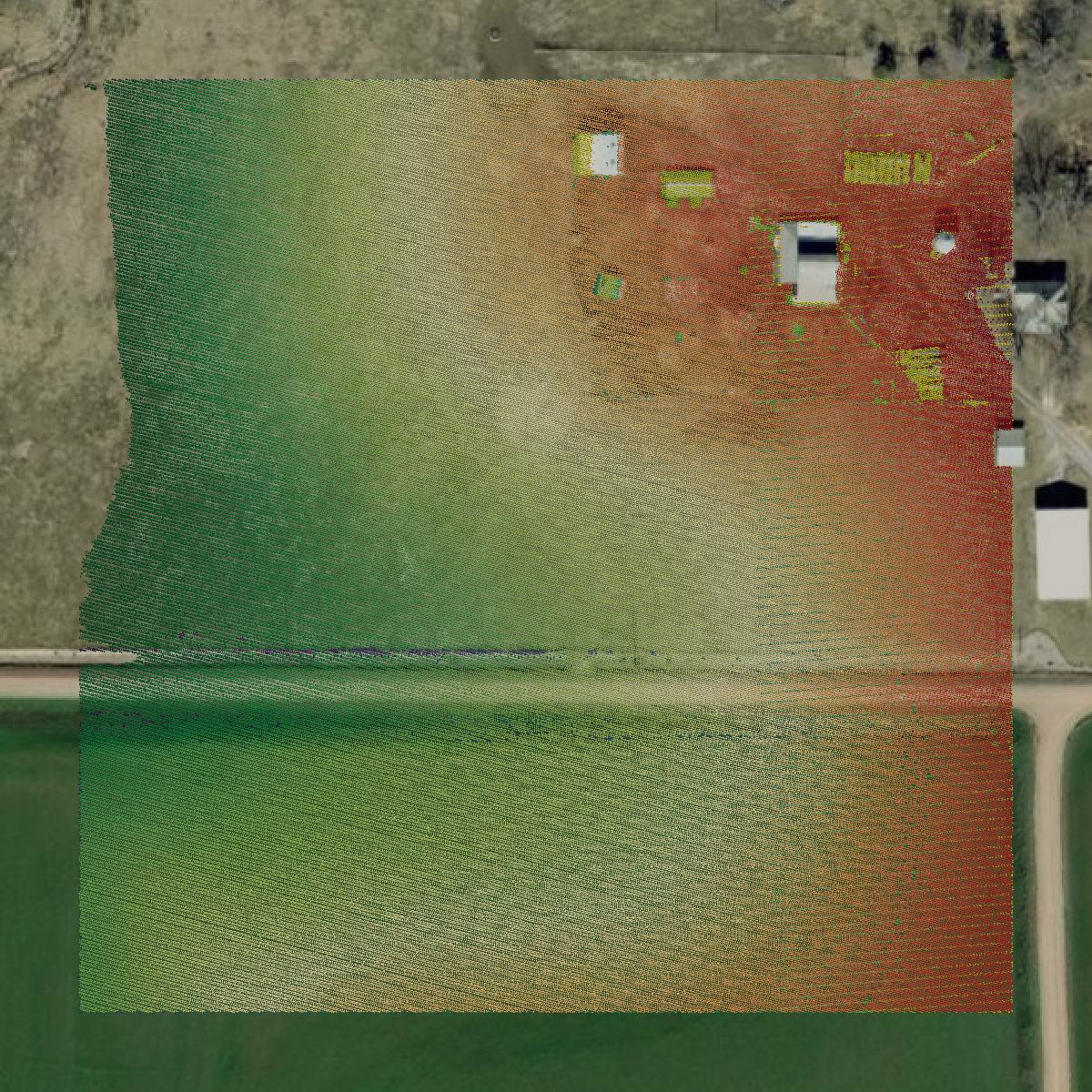 This image shows a LiDAR point cloud in Mills County created using GIS data in Equator.