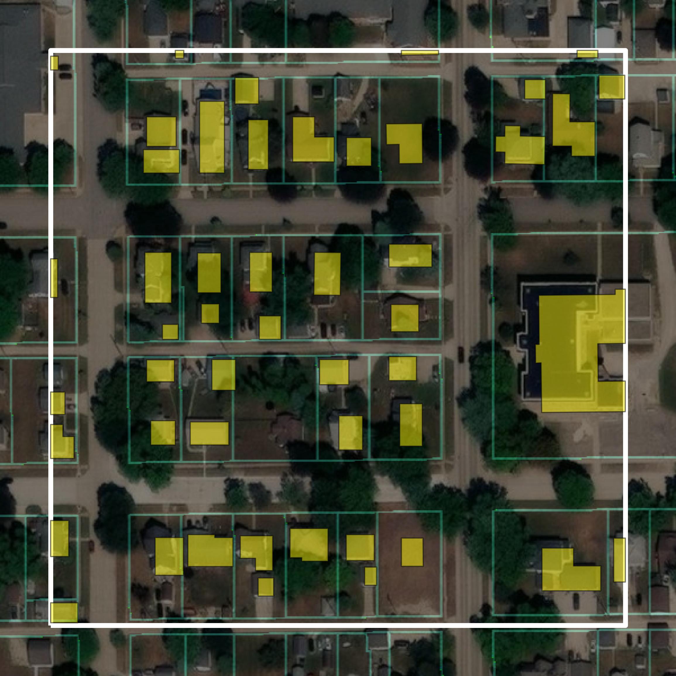 This image shows parcel and building data in Mitchell County created using GIS data in Equator.