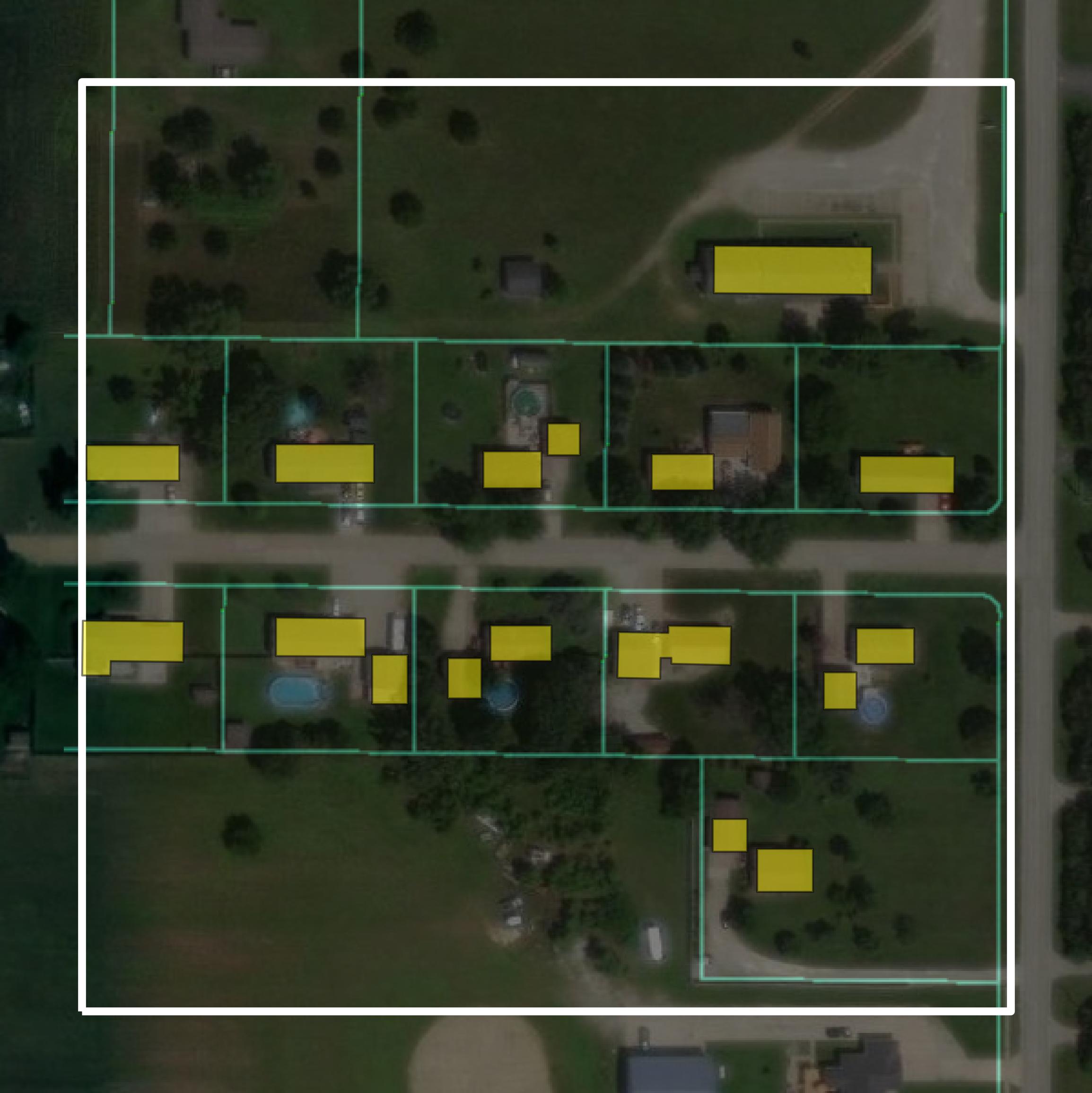 This image shows parcel and building data in Muscatine County created using GIS data in Equator.