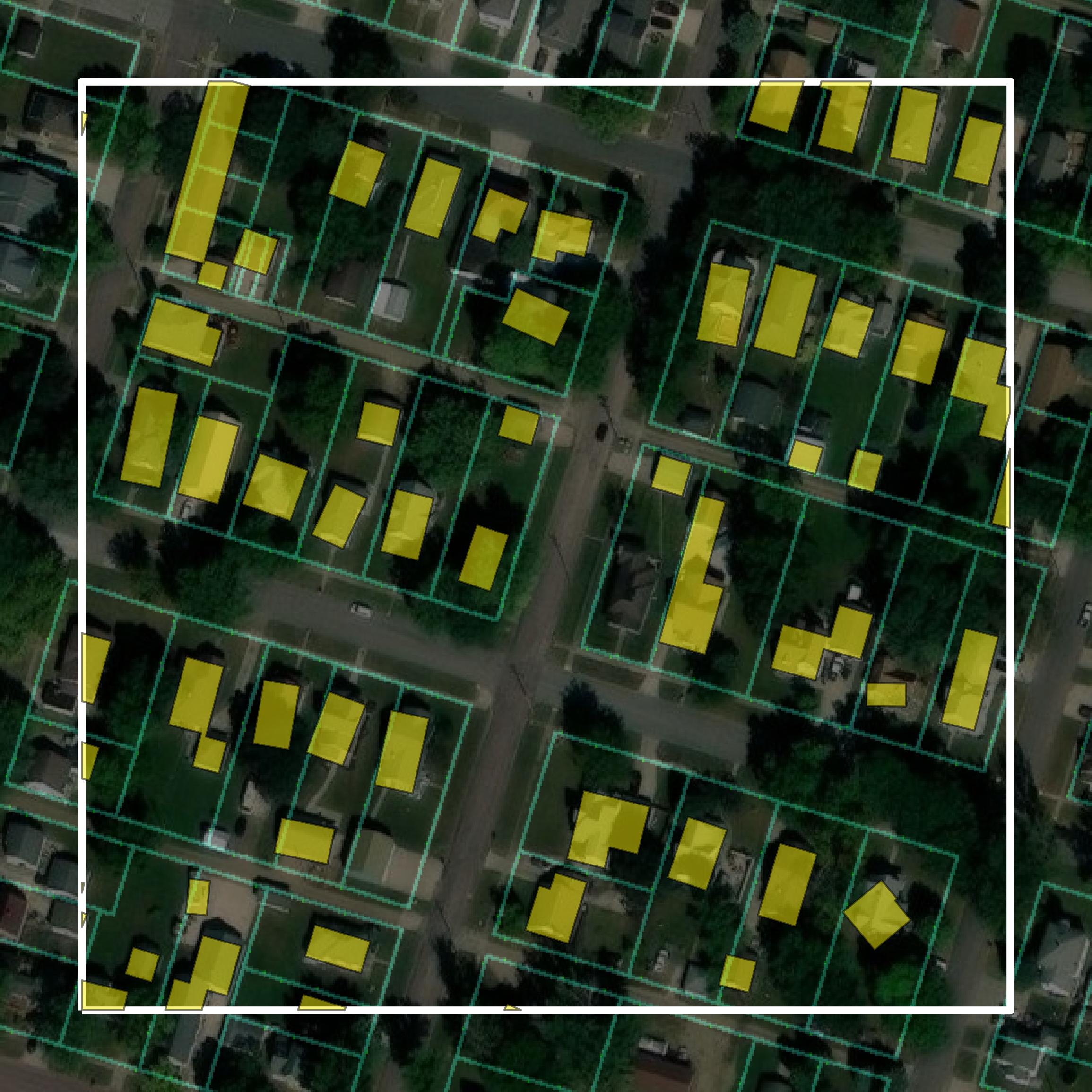 This image shows parcel and building data in O'Brien County created using GIS data in Equator.