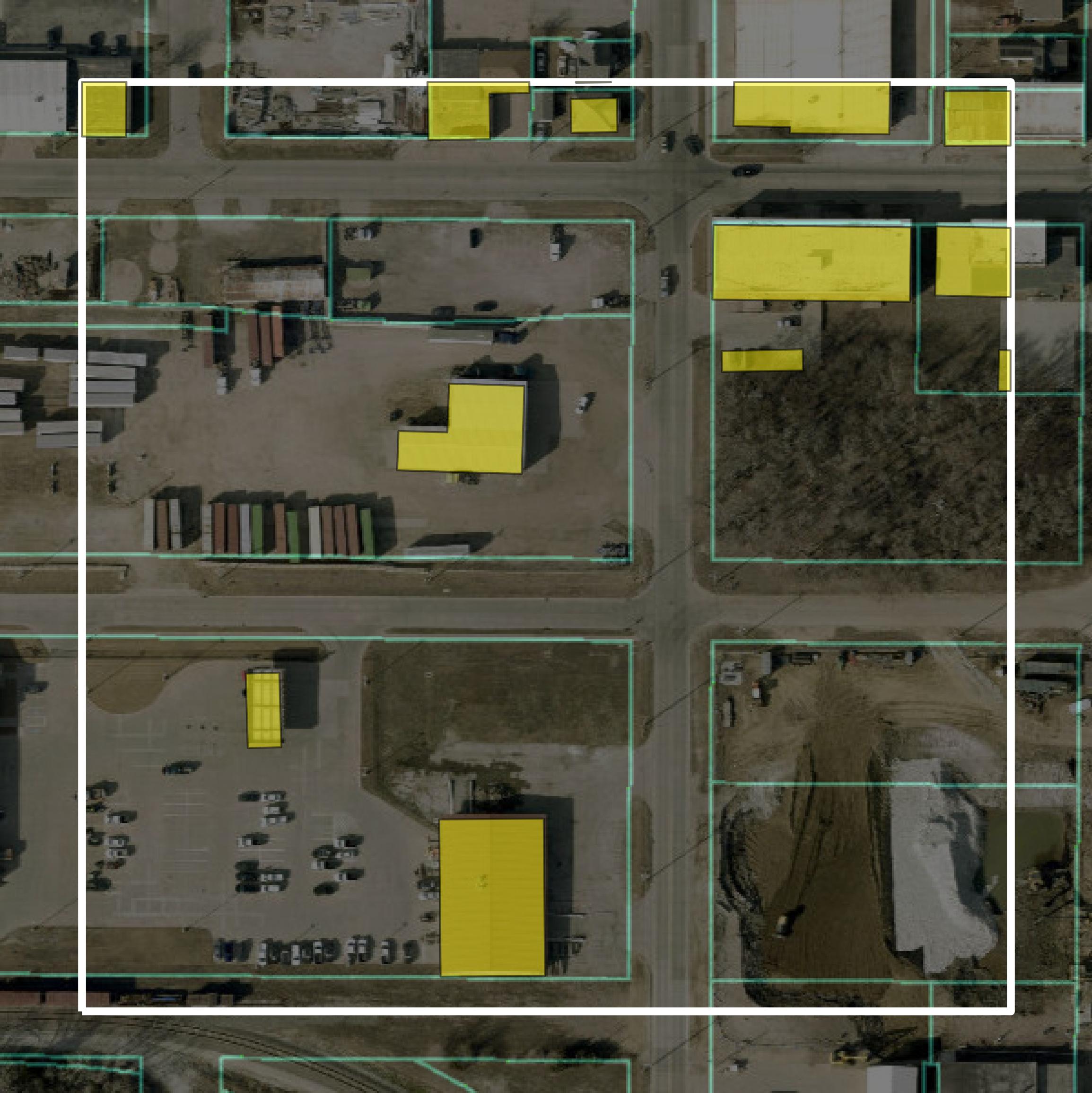This image shows parcel and building data in Pottawattamie County created using GIS data in Equator.