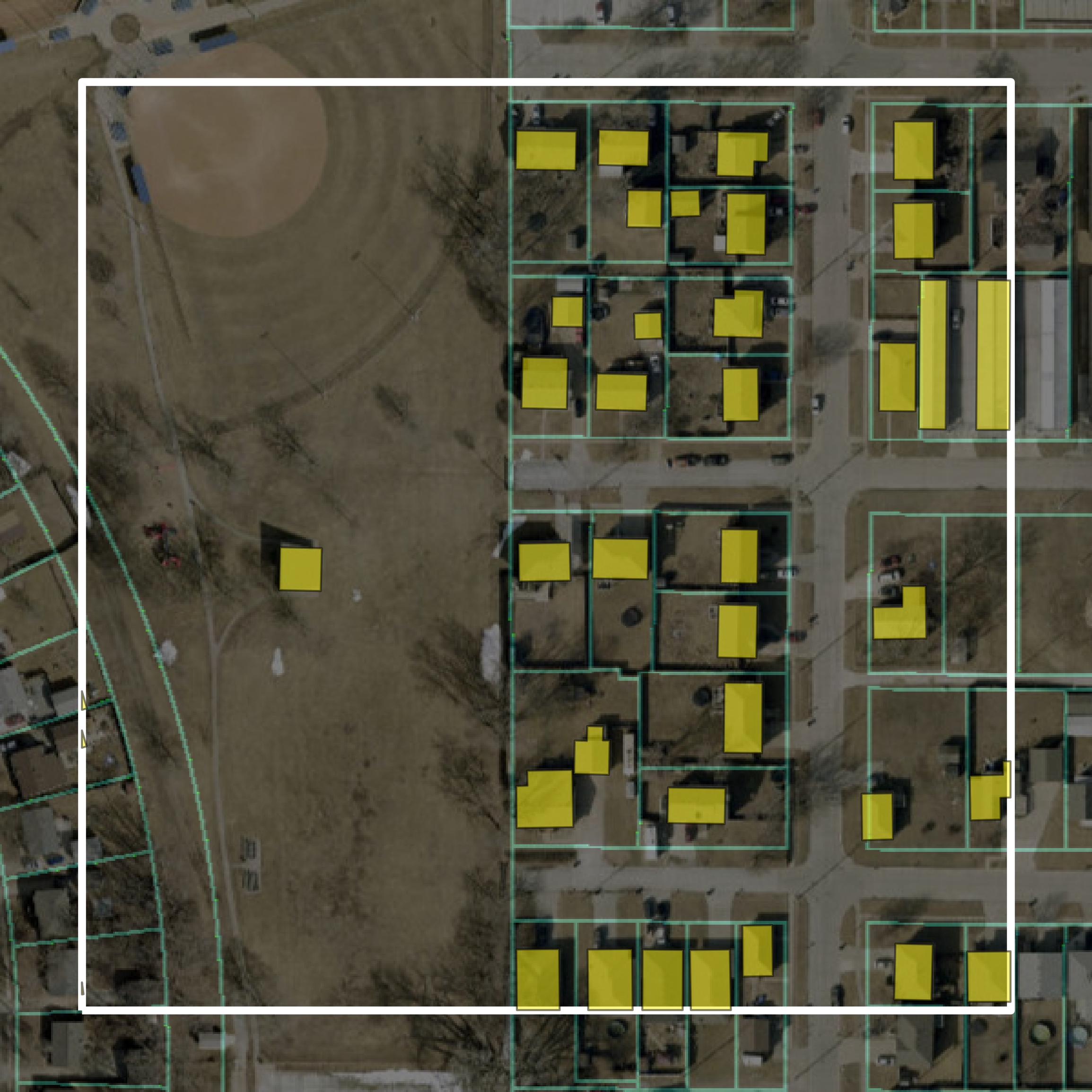 This image shows parcel and building data in Pottawattamie County created using GIS data in Equator.
