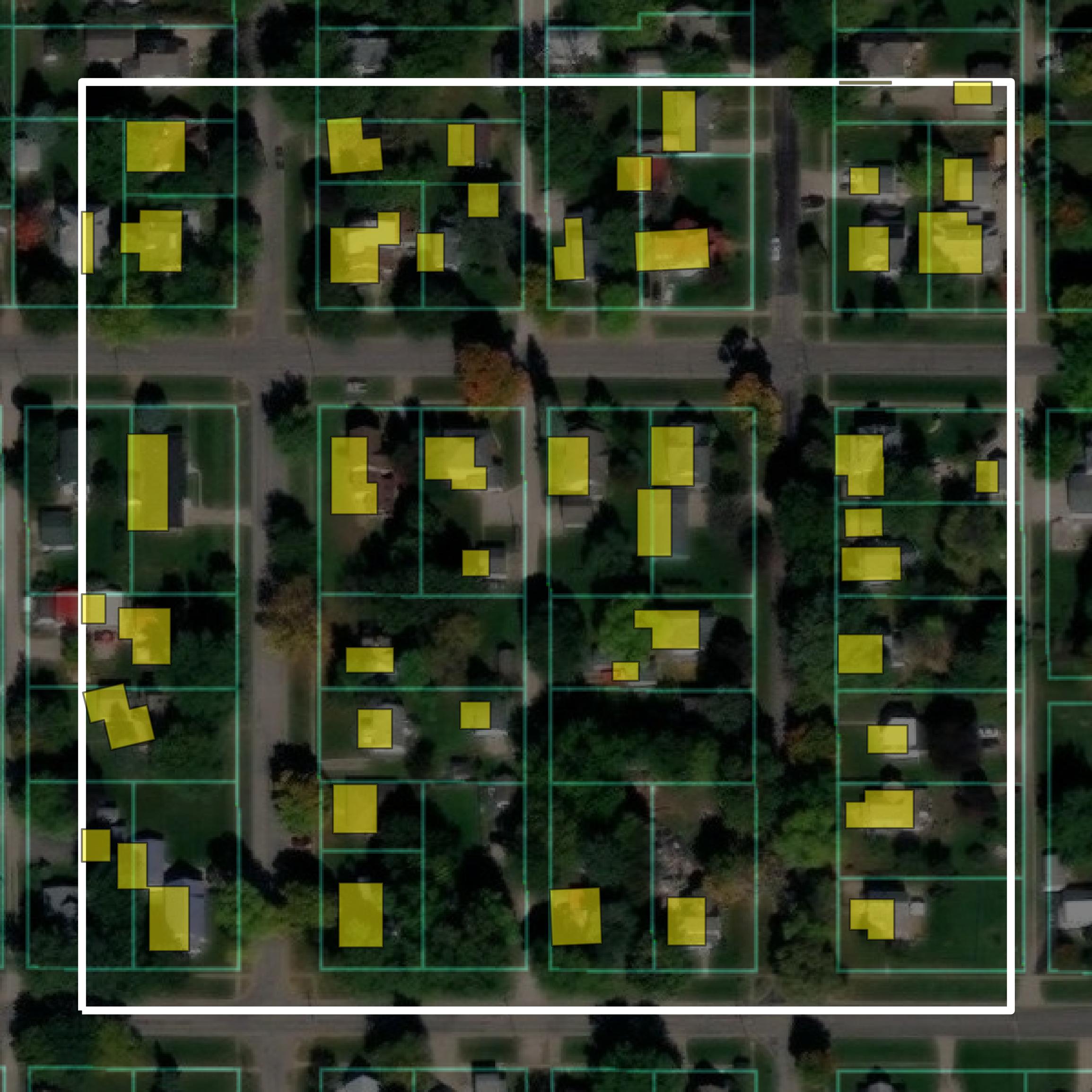 This image shows parcel and building data in Poweshiek County created using GIS data in Equator.
