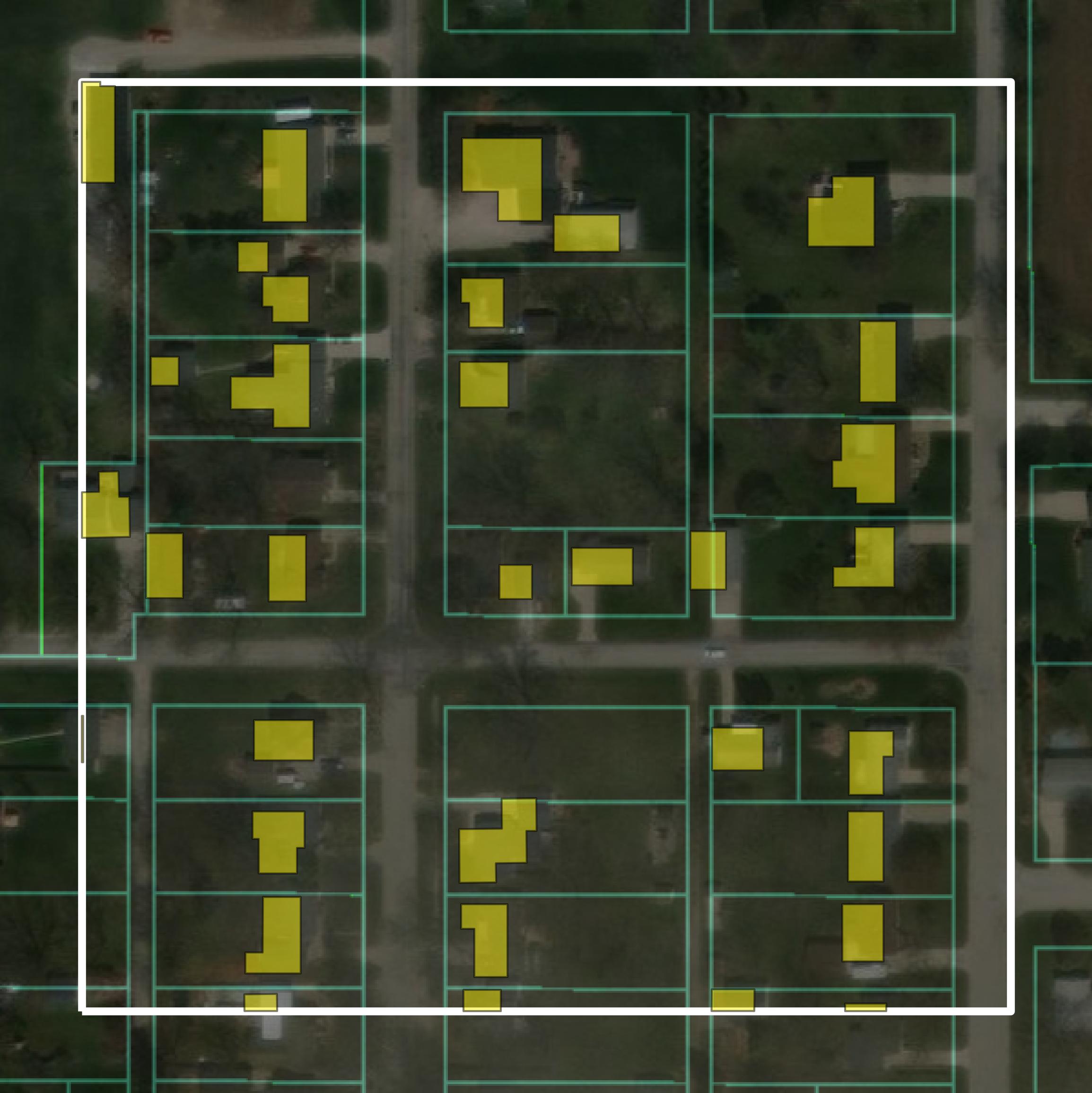 This image shows parcel and building data in Poweshiek County created using GIS data in Equator.