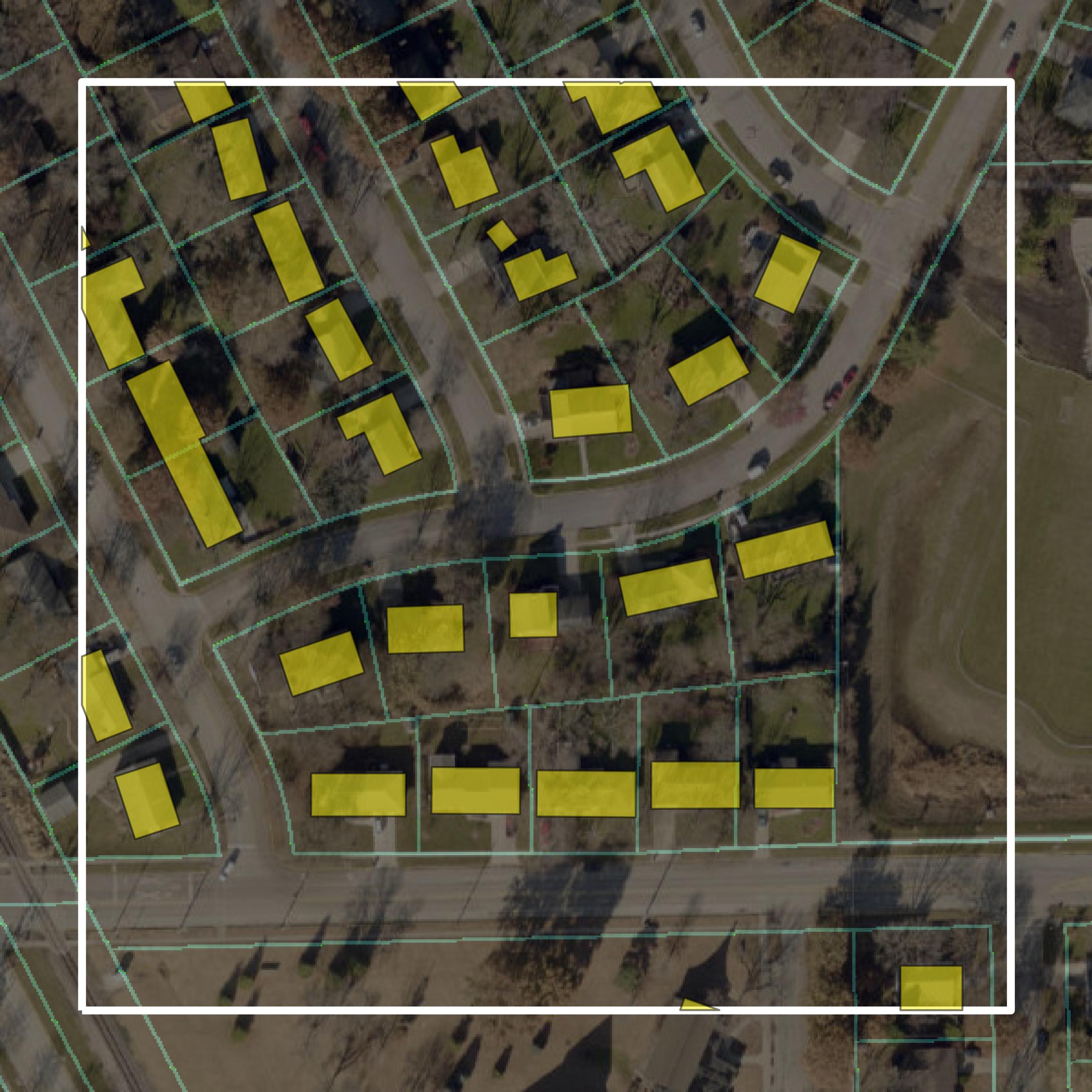 This image shows parcel and building data in Story County created using GIS data in Equator.