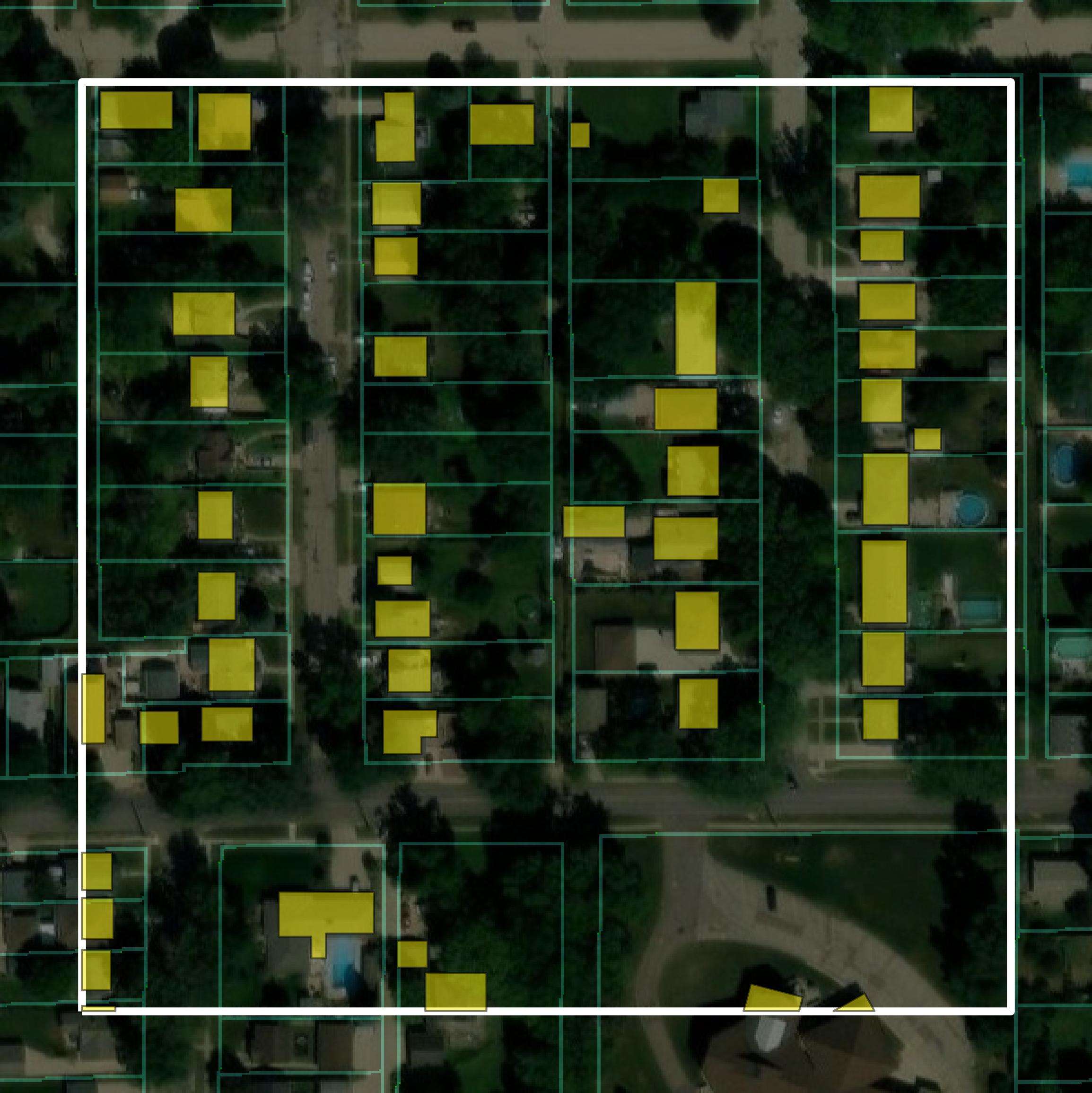 This image shows parcel and building data in Woodbury County created using GIS data in Equator.