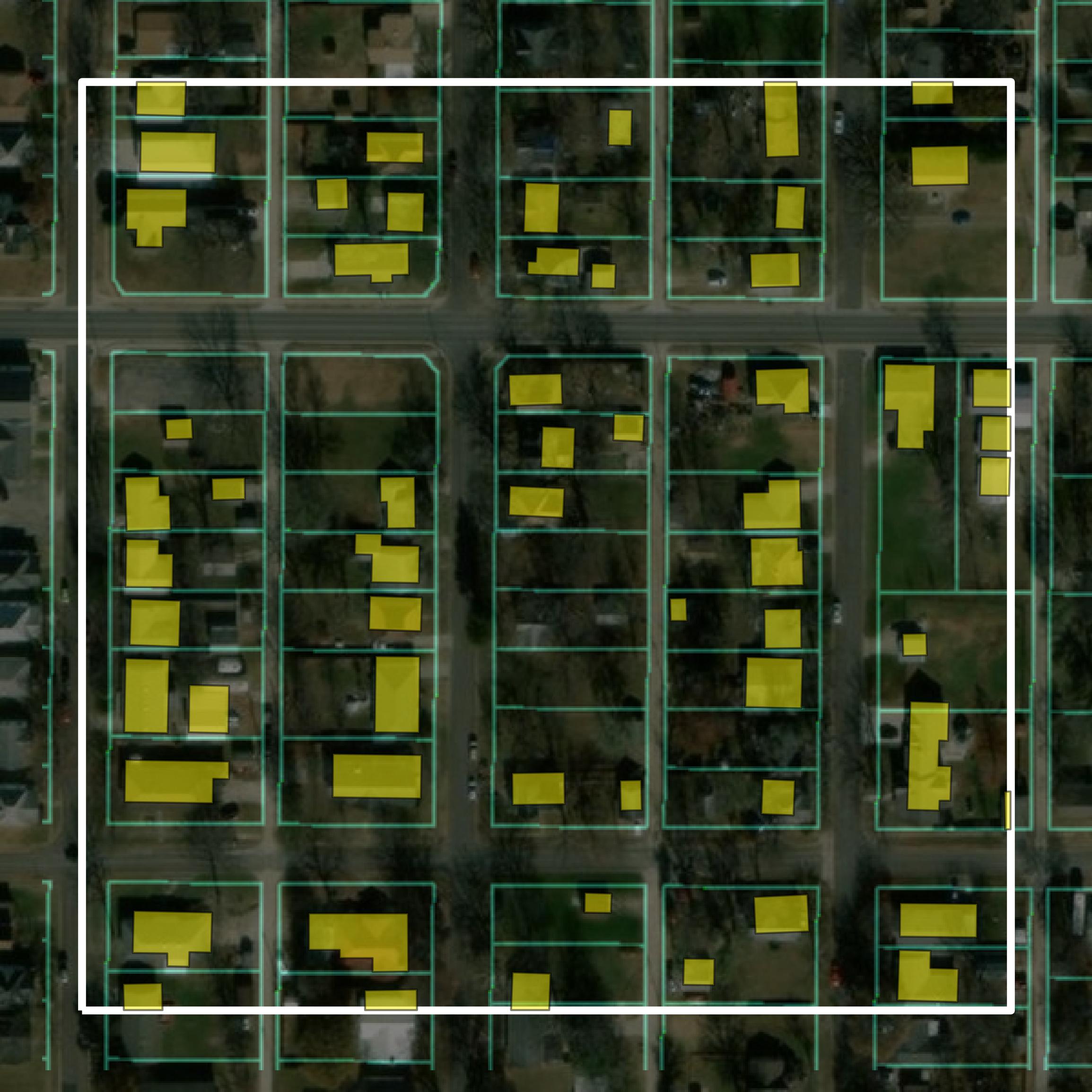 This image shows parcel and building data in Allen County created using GIS data in Equator.