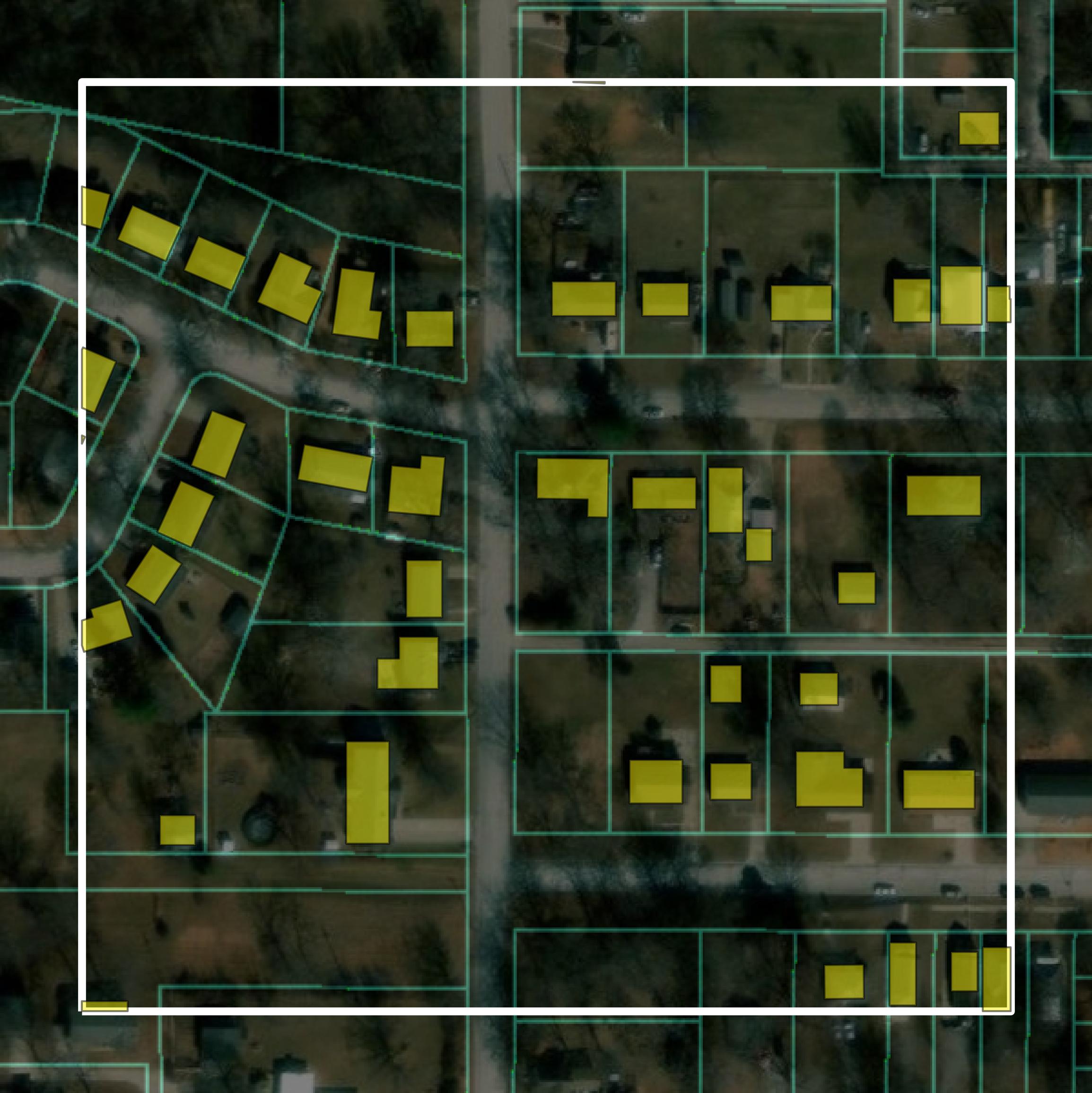 This image shows parcel and building data in Atchison County created using GIS data in Equator.