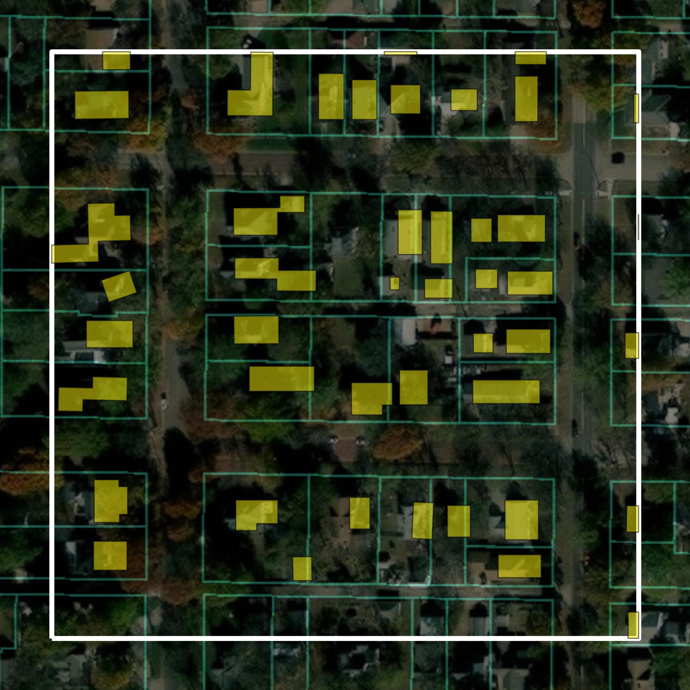 This image shows parcel and building data in Clay County created using GIS data in Equator.
