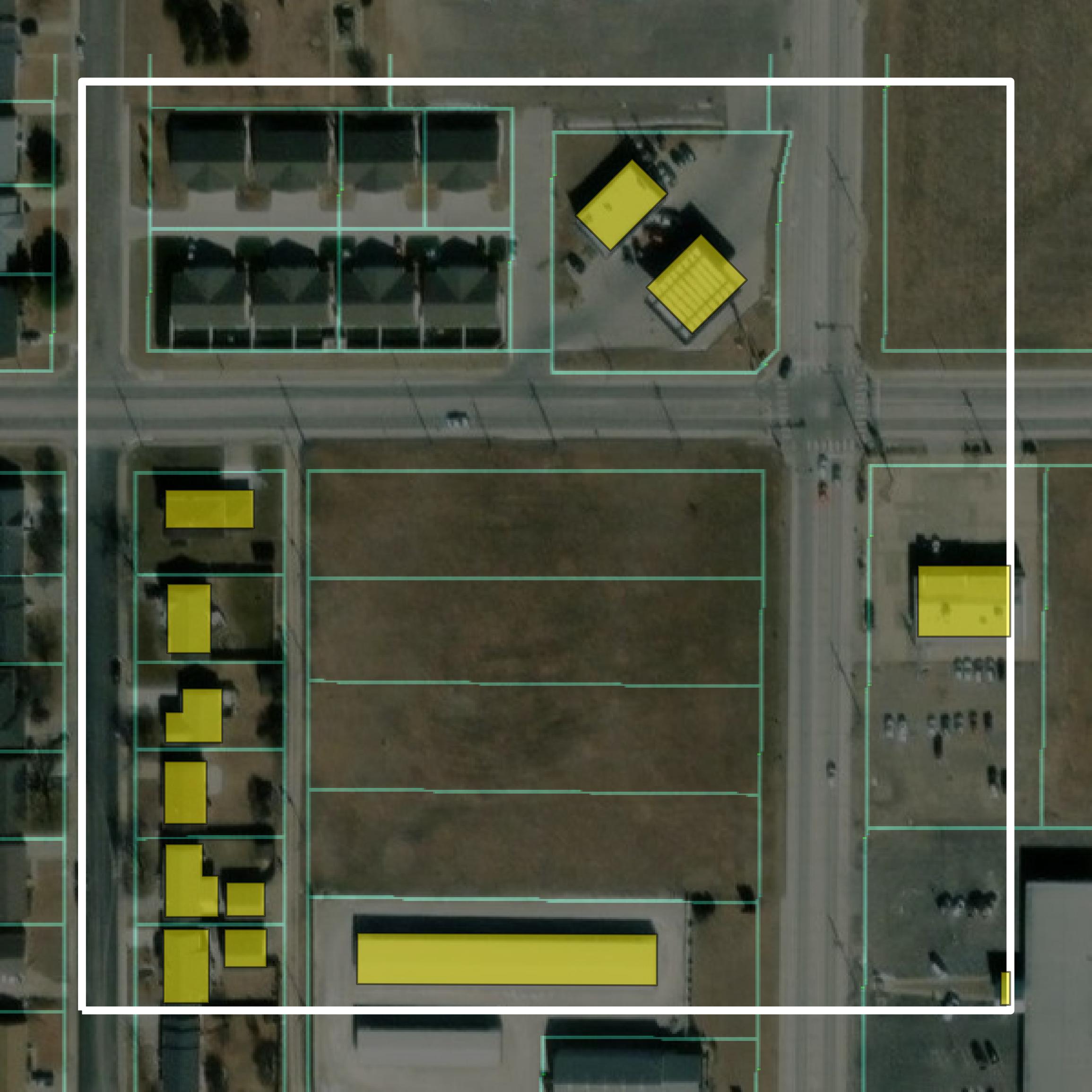 This image shows parcel and building data in Ellis County created using GIS data in Equator.