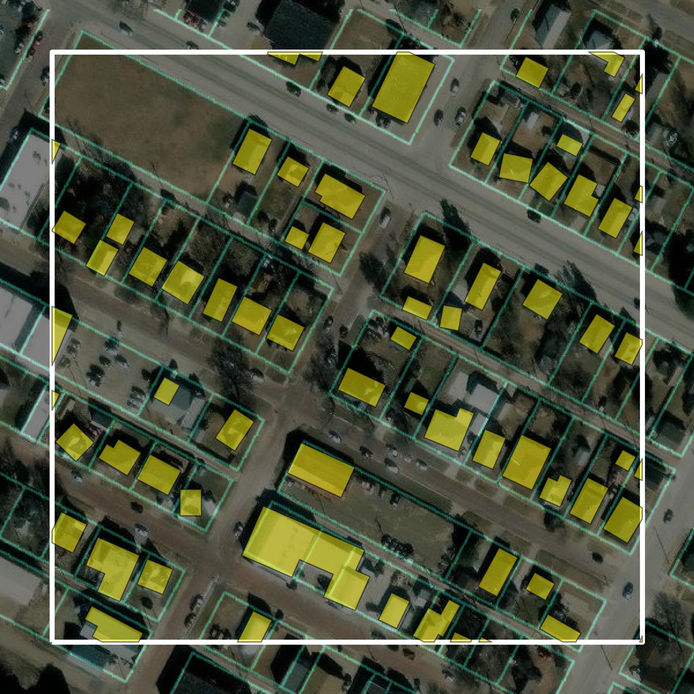 This image shows parcel and building data in Ellis County created using GIS data in Equator.