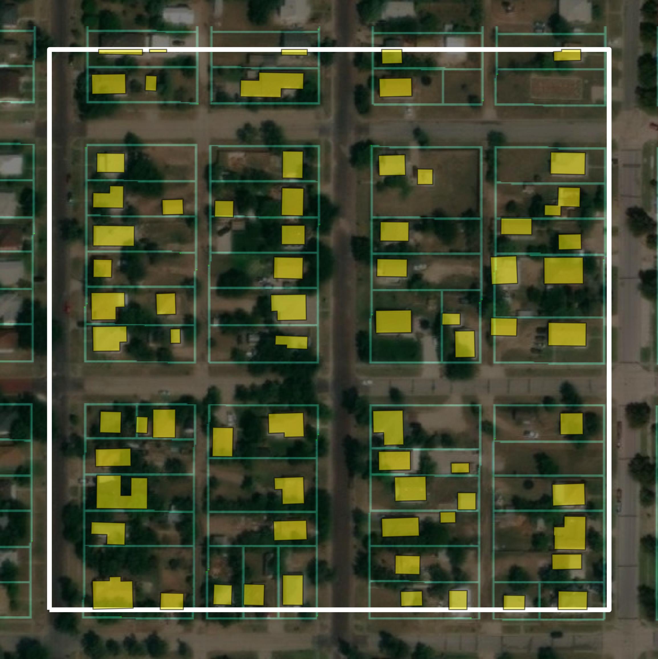 This image shows parcel and building data in Ford County created using GIS data in Equator.