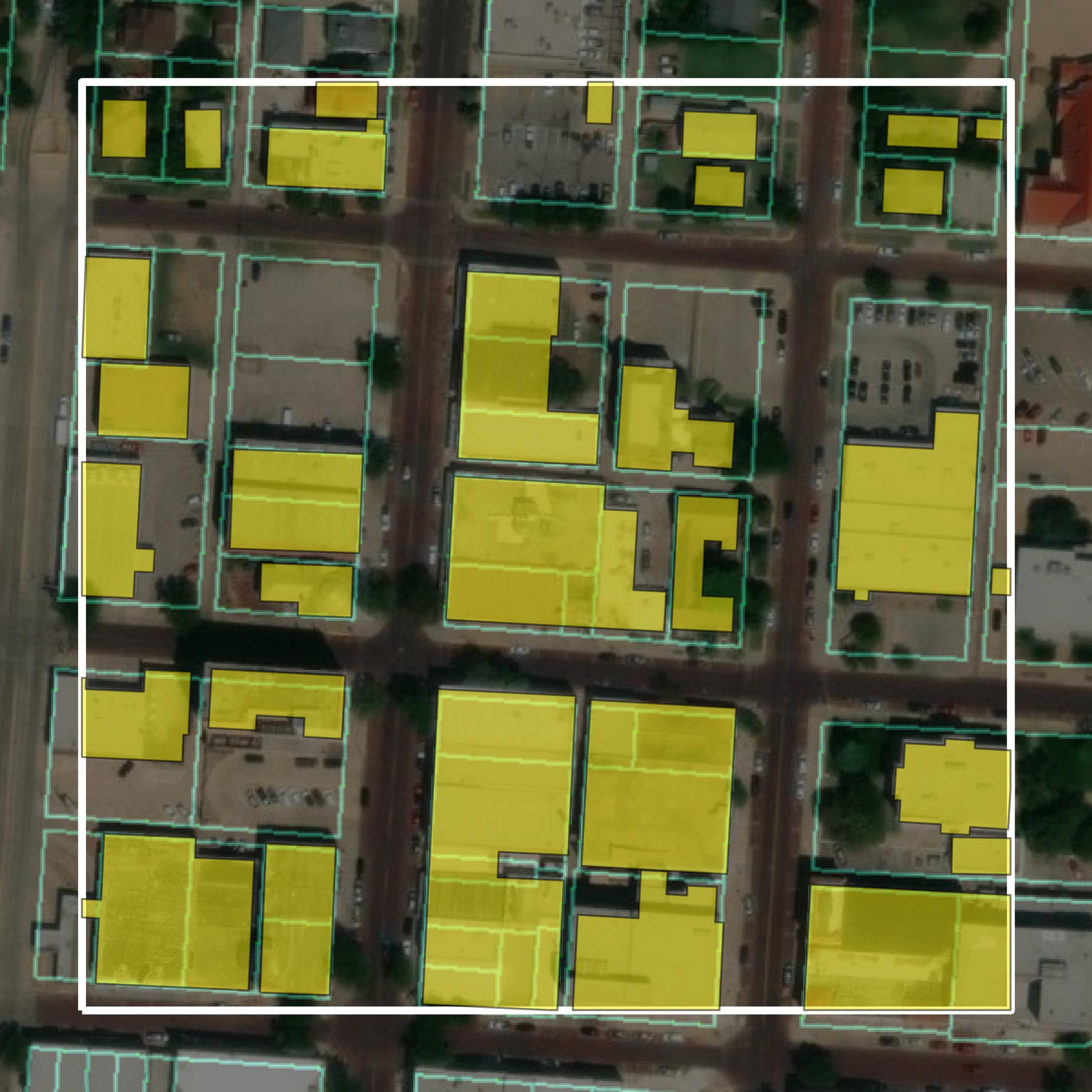 This image shows parcel and building data in Ford County created using GIS data in Equator.
