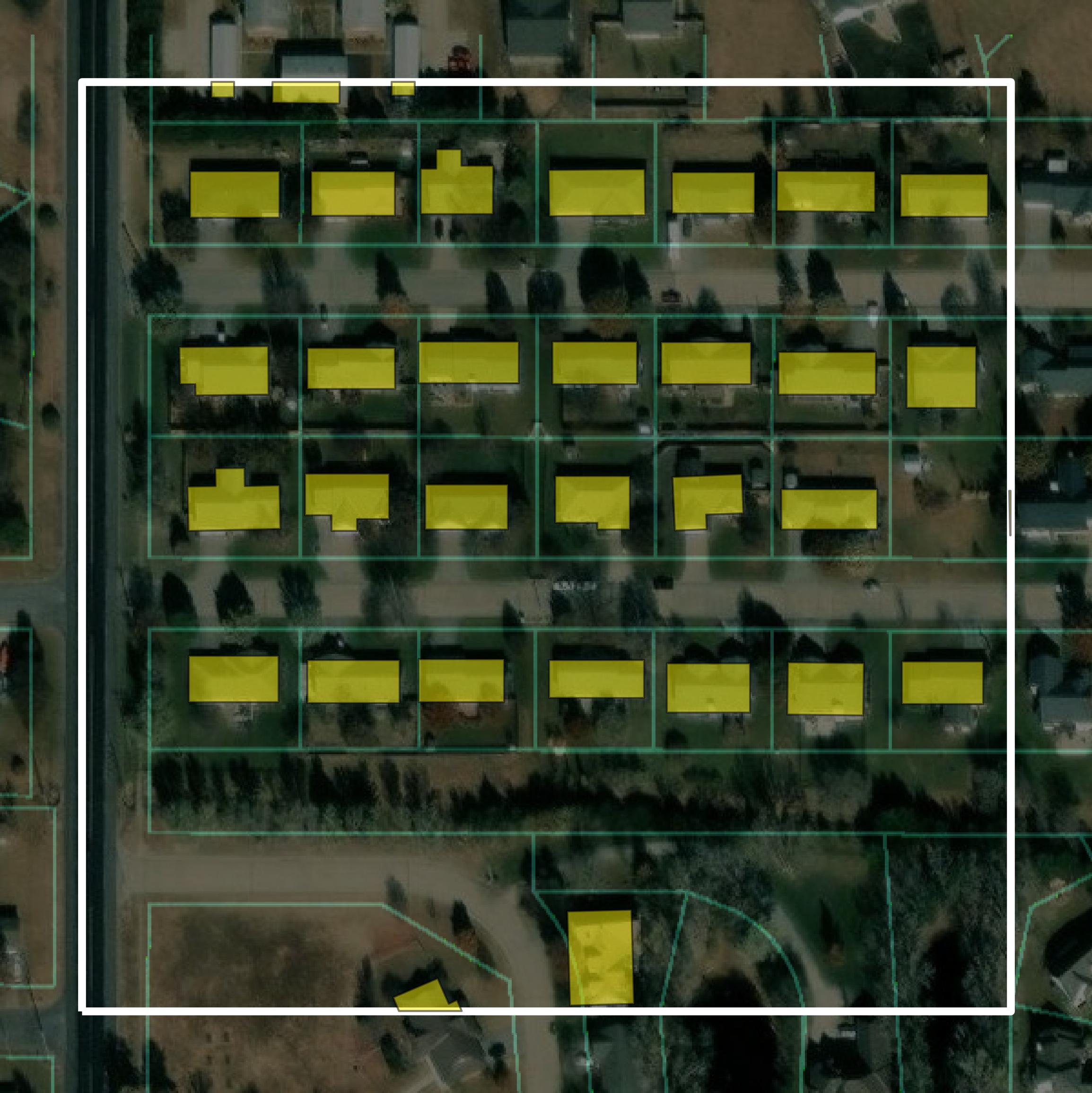 This image shows parcel and building data in Harvey County created using GIS data in Equator.
