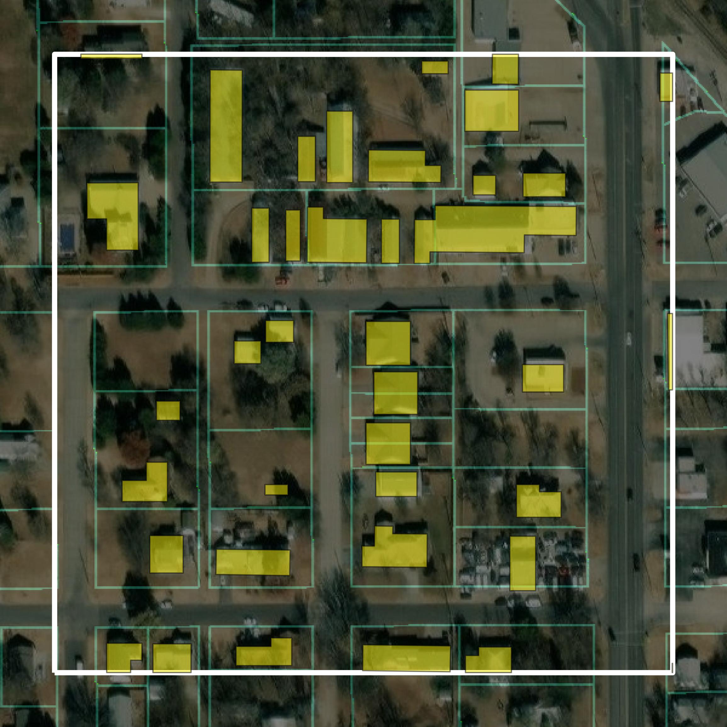 This image shows parcel and building data in Harvey County created using GIS data in Equator.
