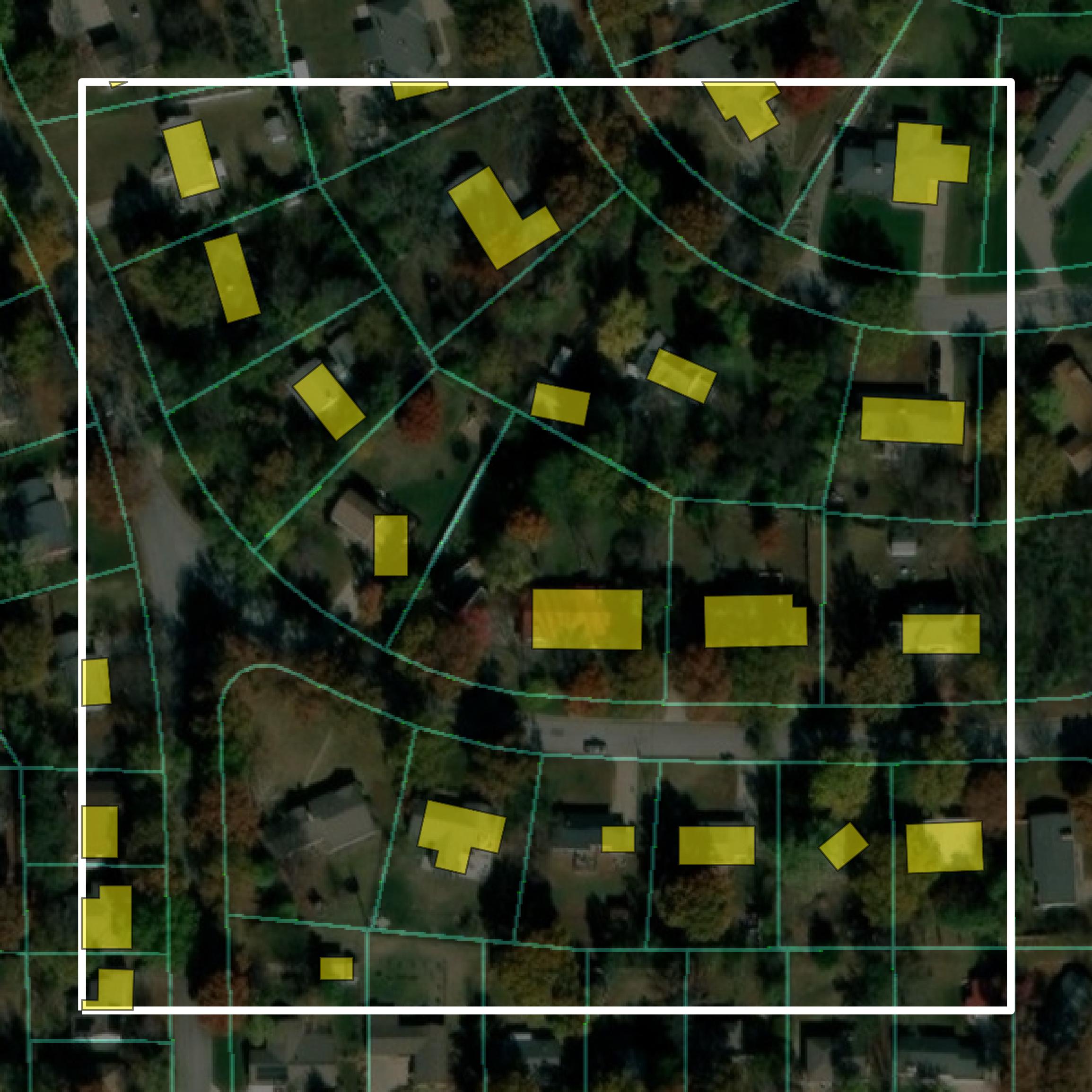 This image shows parcel and building data in Lyon County created using GIS data in Equator.