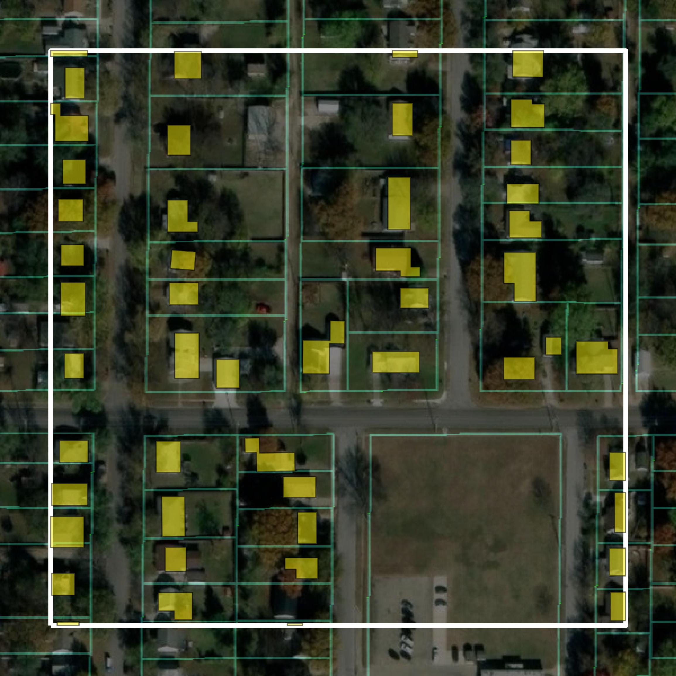 This image shows parcel and building data in Lyon County created using GIS data in Equator.