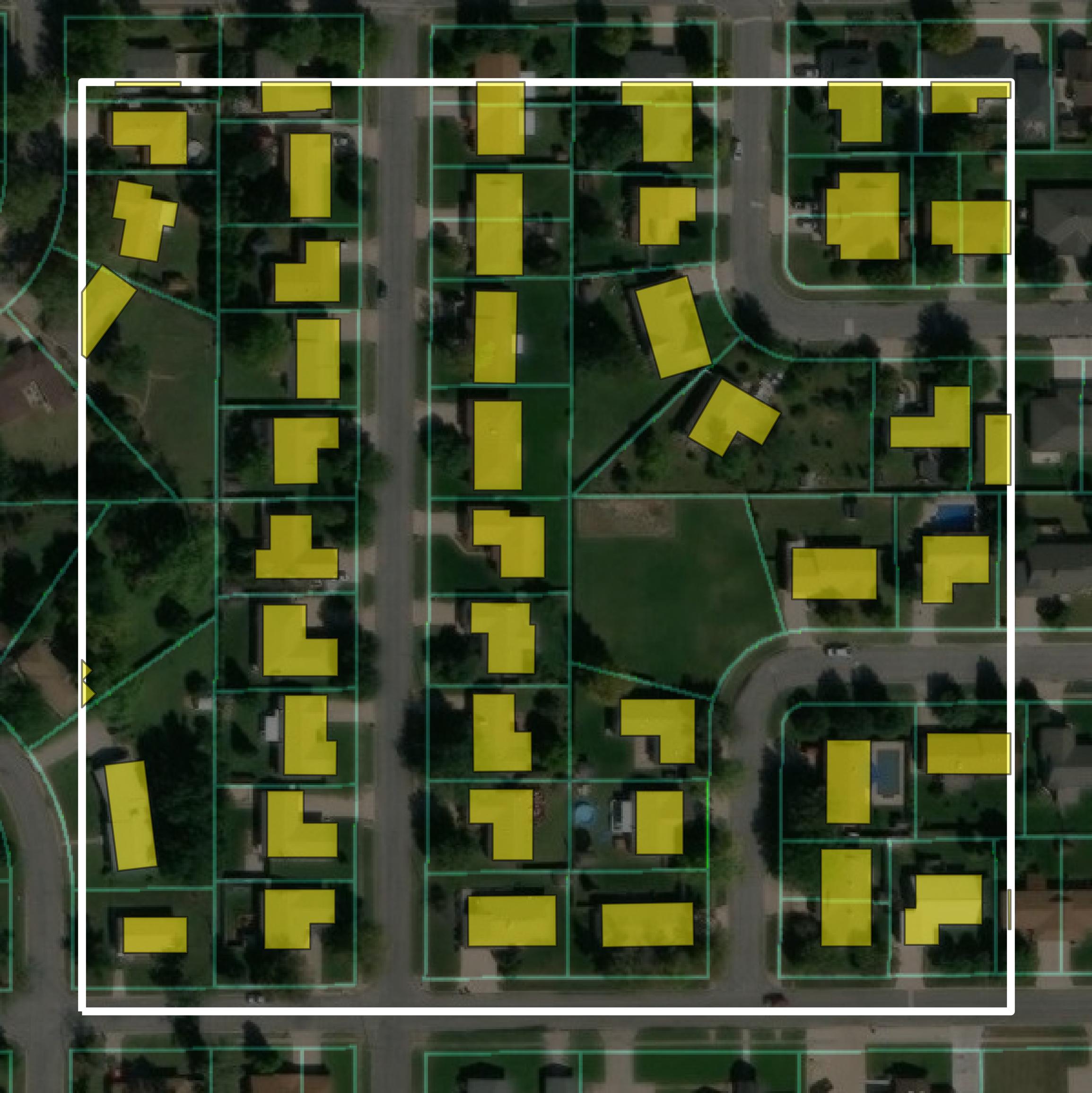 This image shows parcel and building data in Reno County created using GIS data in Equator.