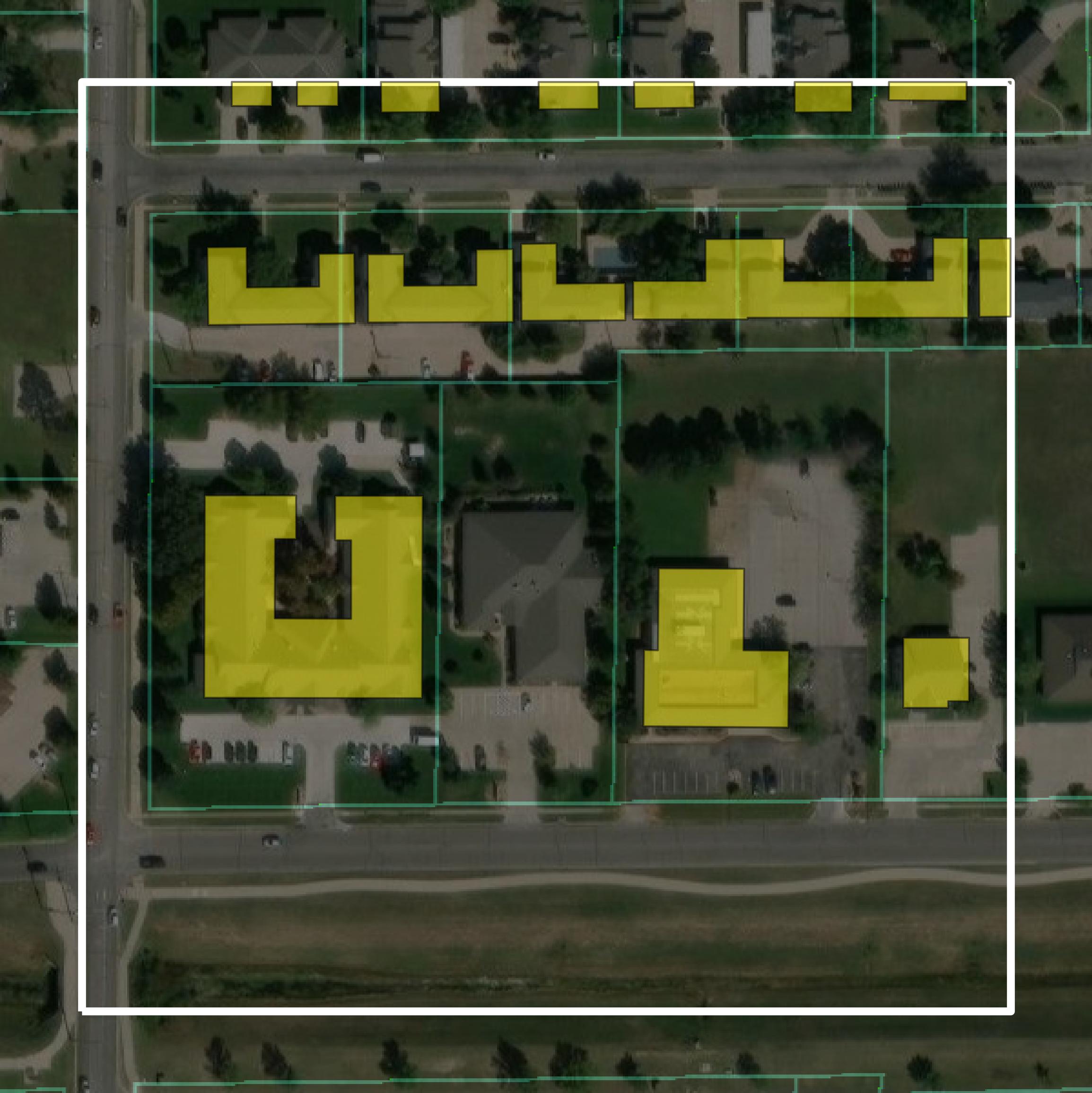 This image shows parcel and building data in Reno County created using GIS data in Equator.