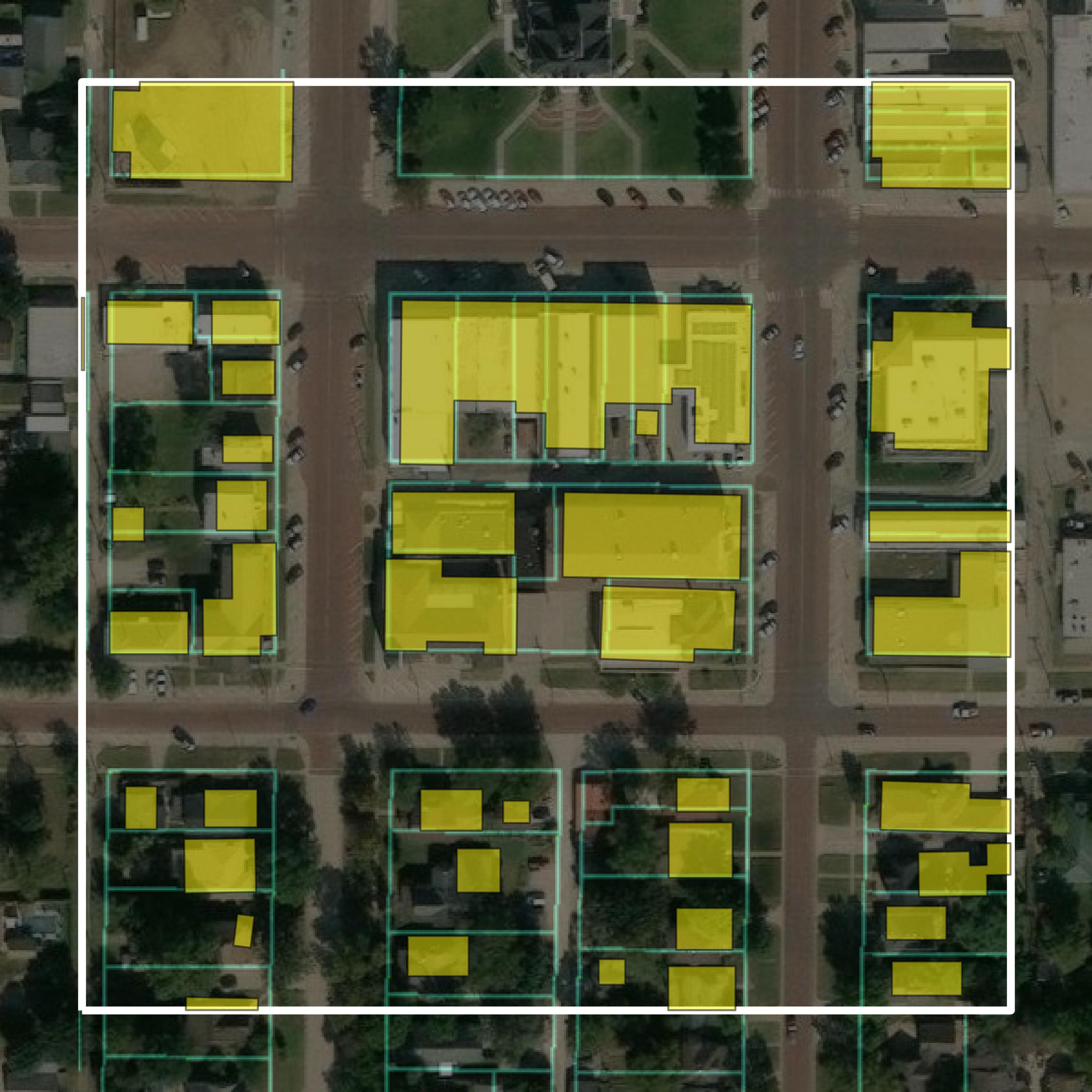 This image shows parcel and building data in Rice County created using GIS data in Equator.