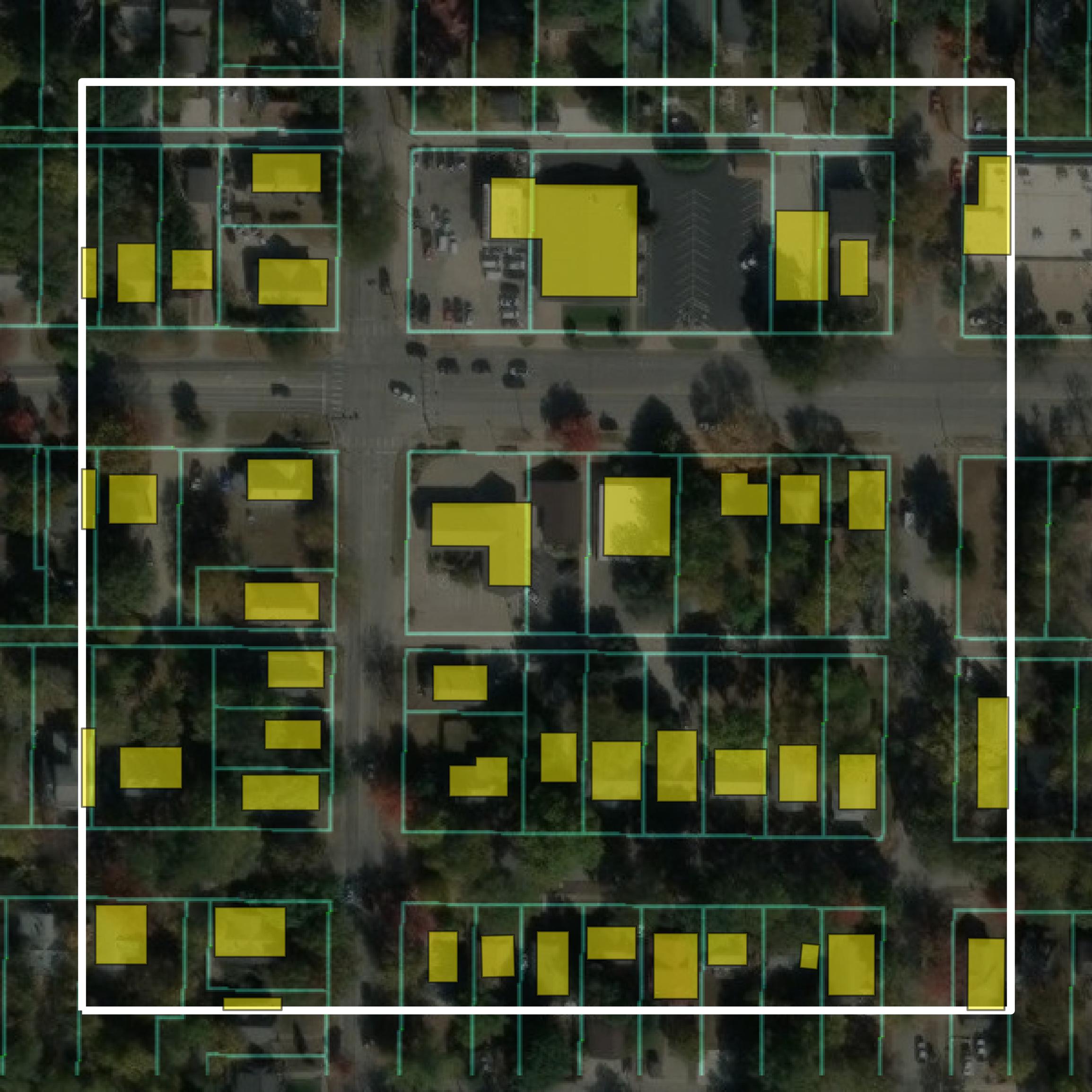 This image shows parcel and building data in Riley County created using GIS data in Equator.