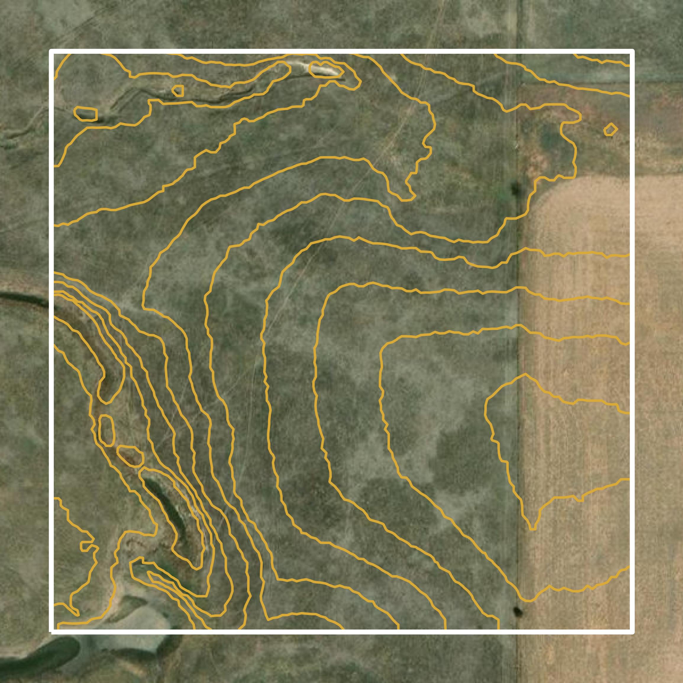 This image shows a contour map in Rush County created using GIS data in Equator.