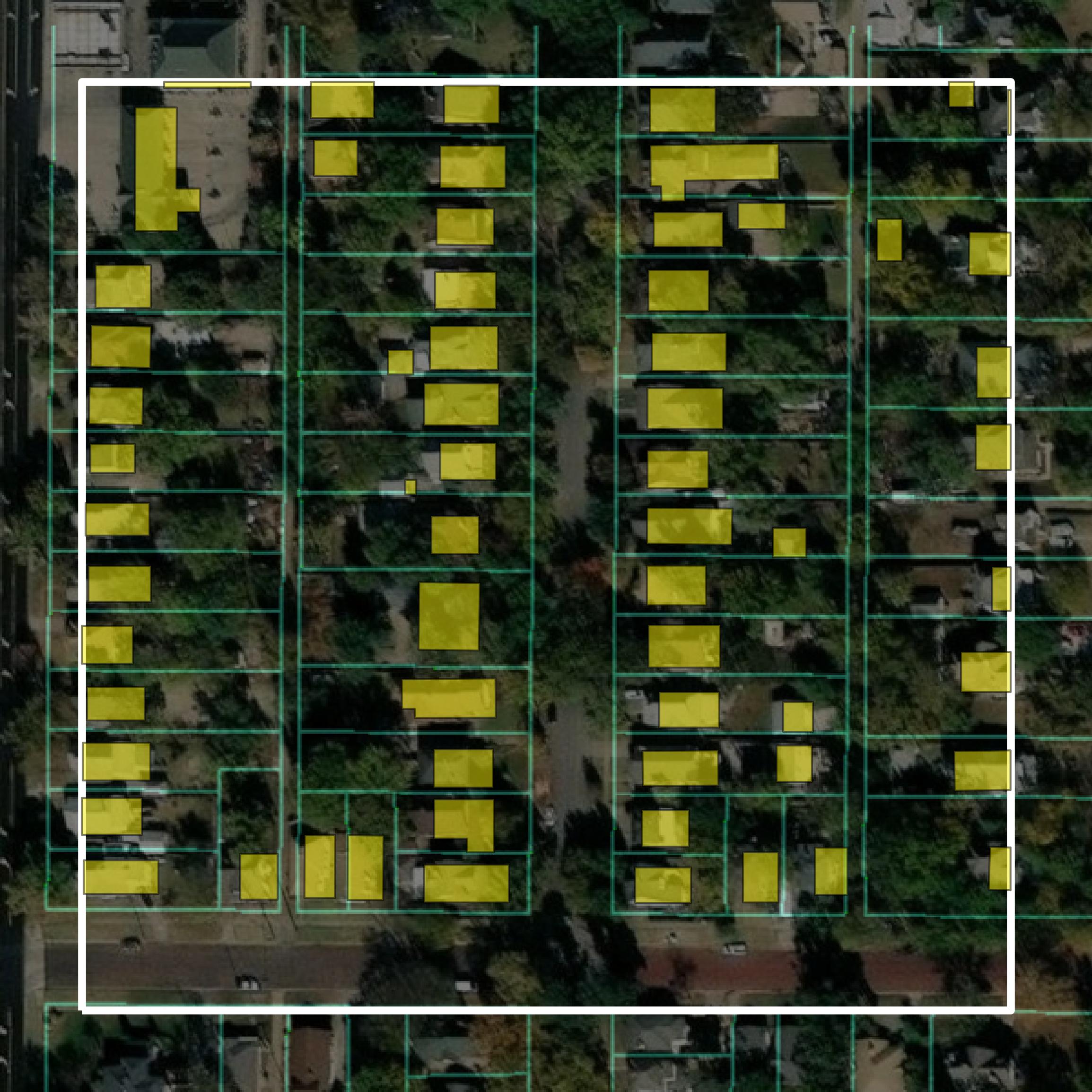This image shows parcel and building data in Saline County created using GIS data in Equator.