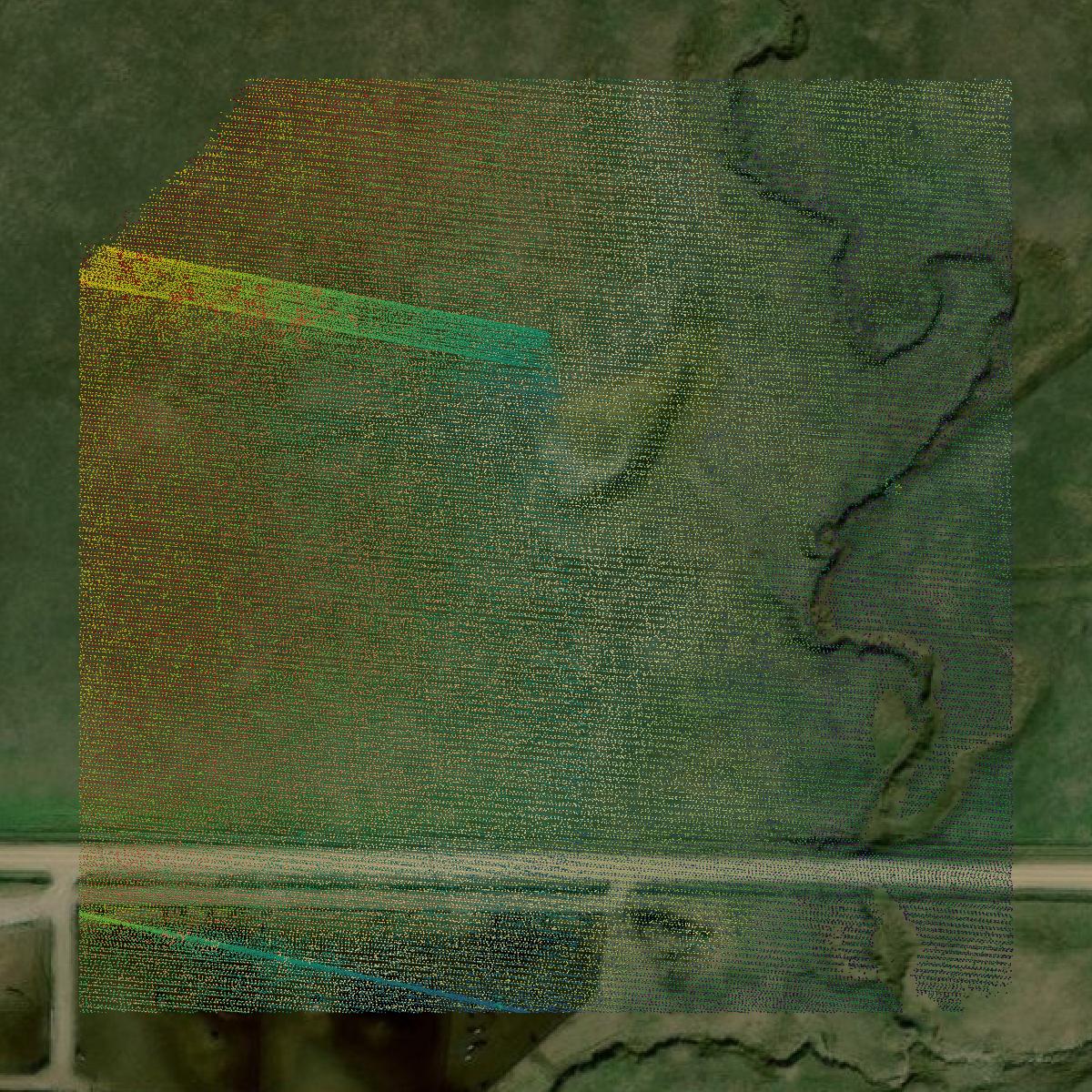 This image shows a LiDAR point cloud in Woodson County created using GIS data in Equator.