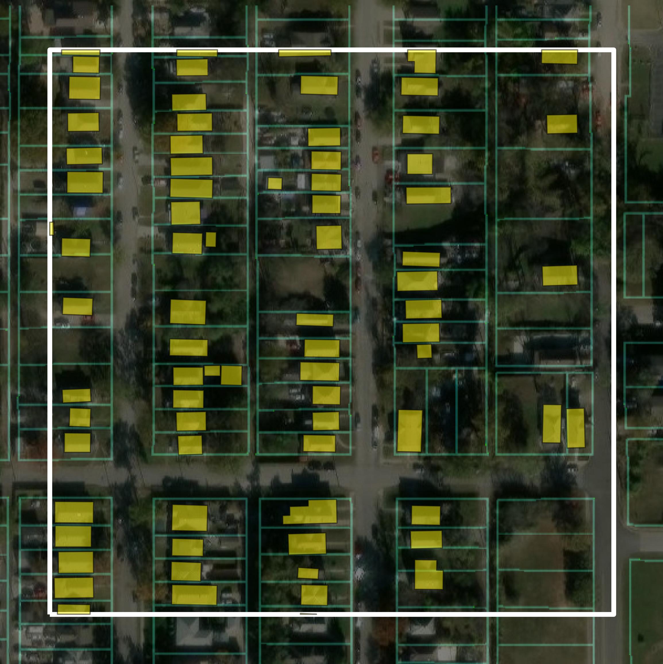 This image shows parcel and building data in Wyandotte County created using GIS data in Equator.