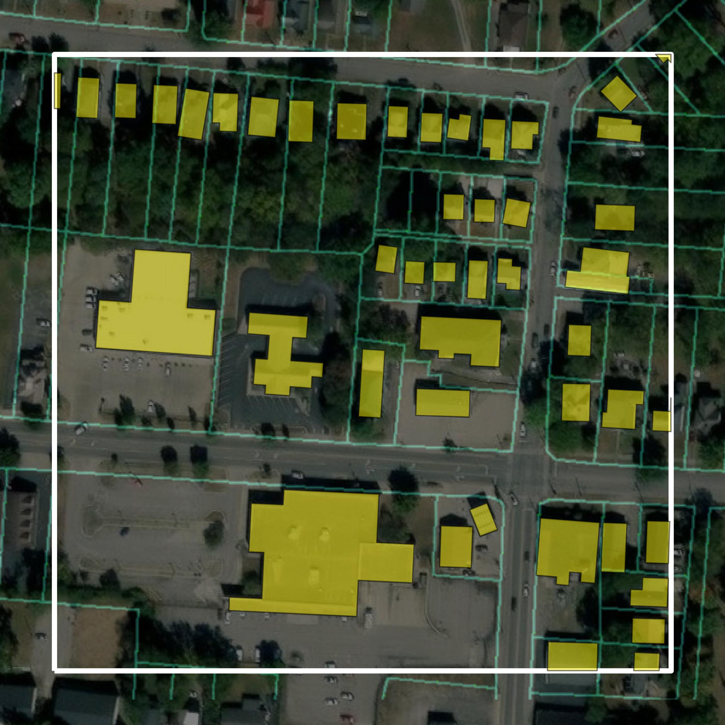 This image shows parcel and building data in Boyle County created using GIS data in Equator.