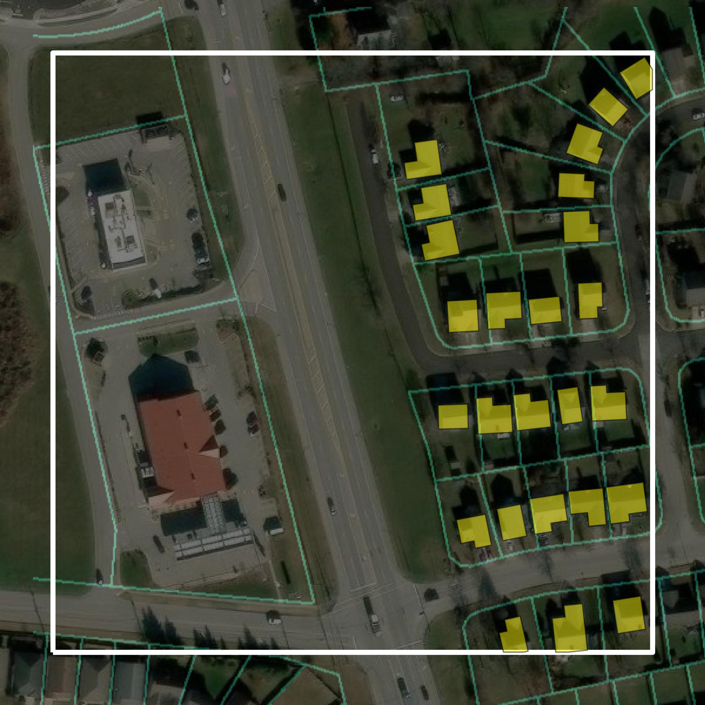 This image shows parcel and building data in Fayette County created using GIS data in Equator.