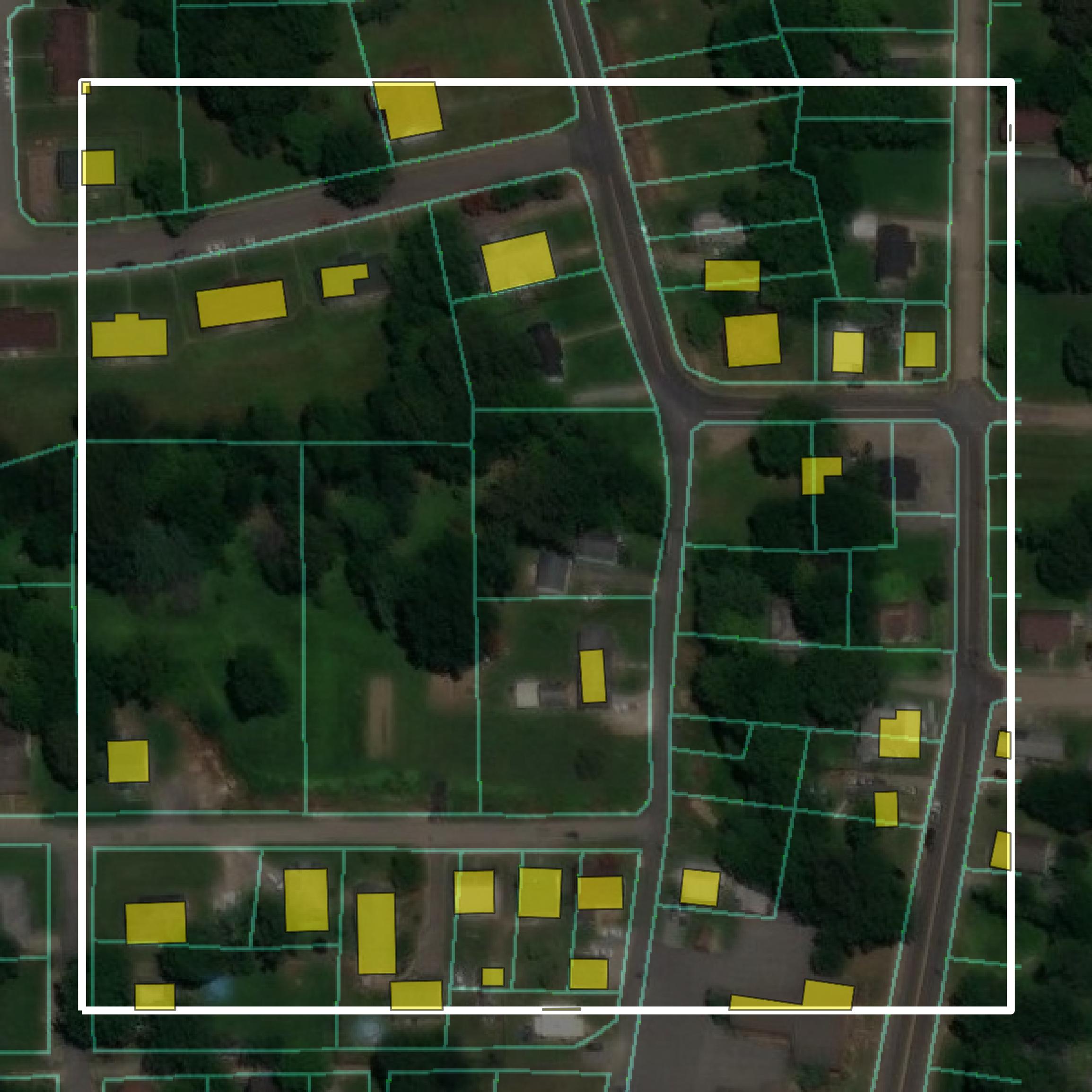 This image shows parcel and building data in Fulton County created using GIS data in Equator.