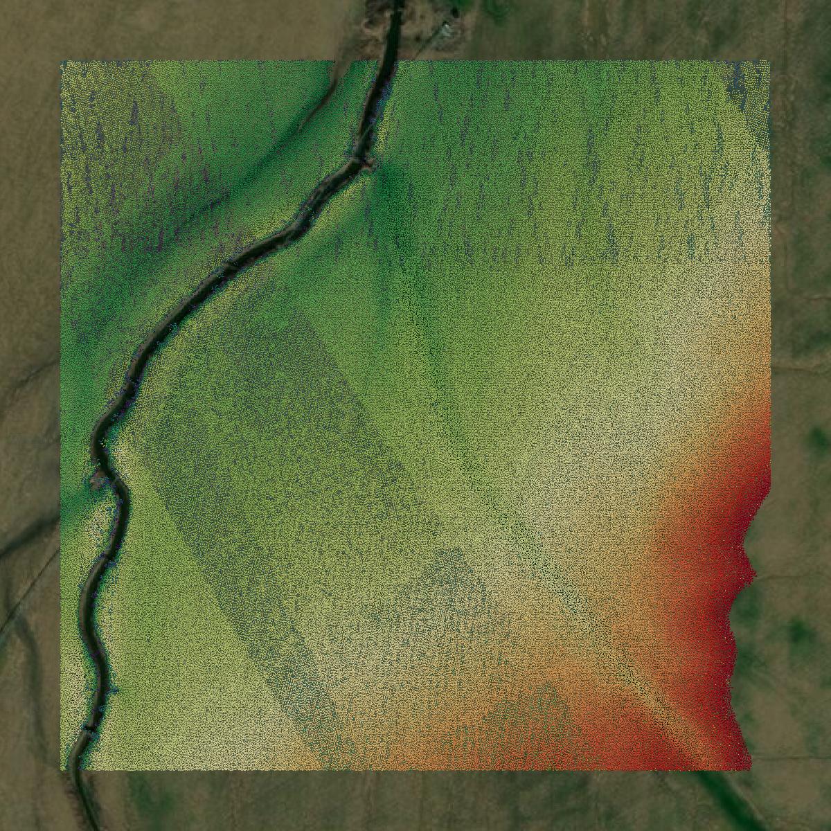 This image shows a LiDAR point cloud in Fulton County created using GIS data in Equator.