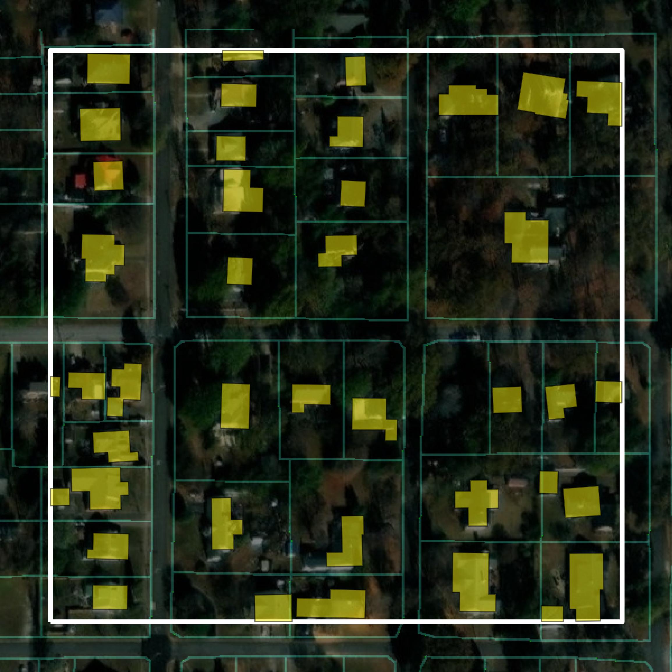 This image shows parcel and building data in Graves County created using GIS data in Equator.
