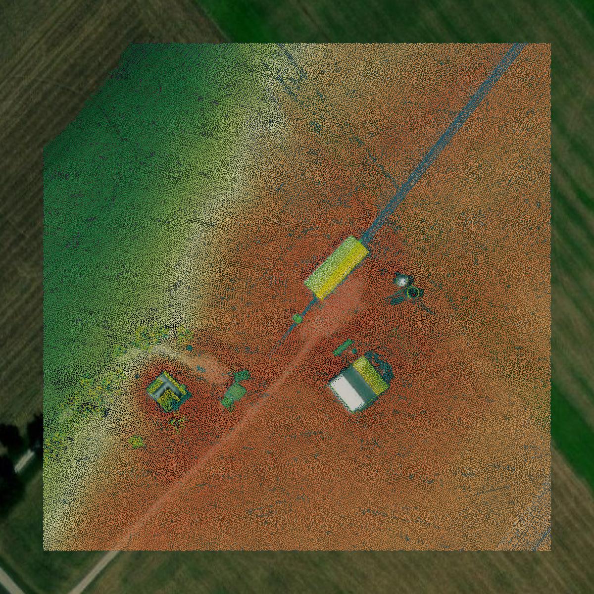 This image shows a LiDAR point cloud in Hancock County created using GIS data in Equator.