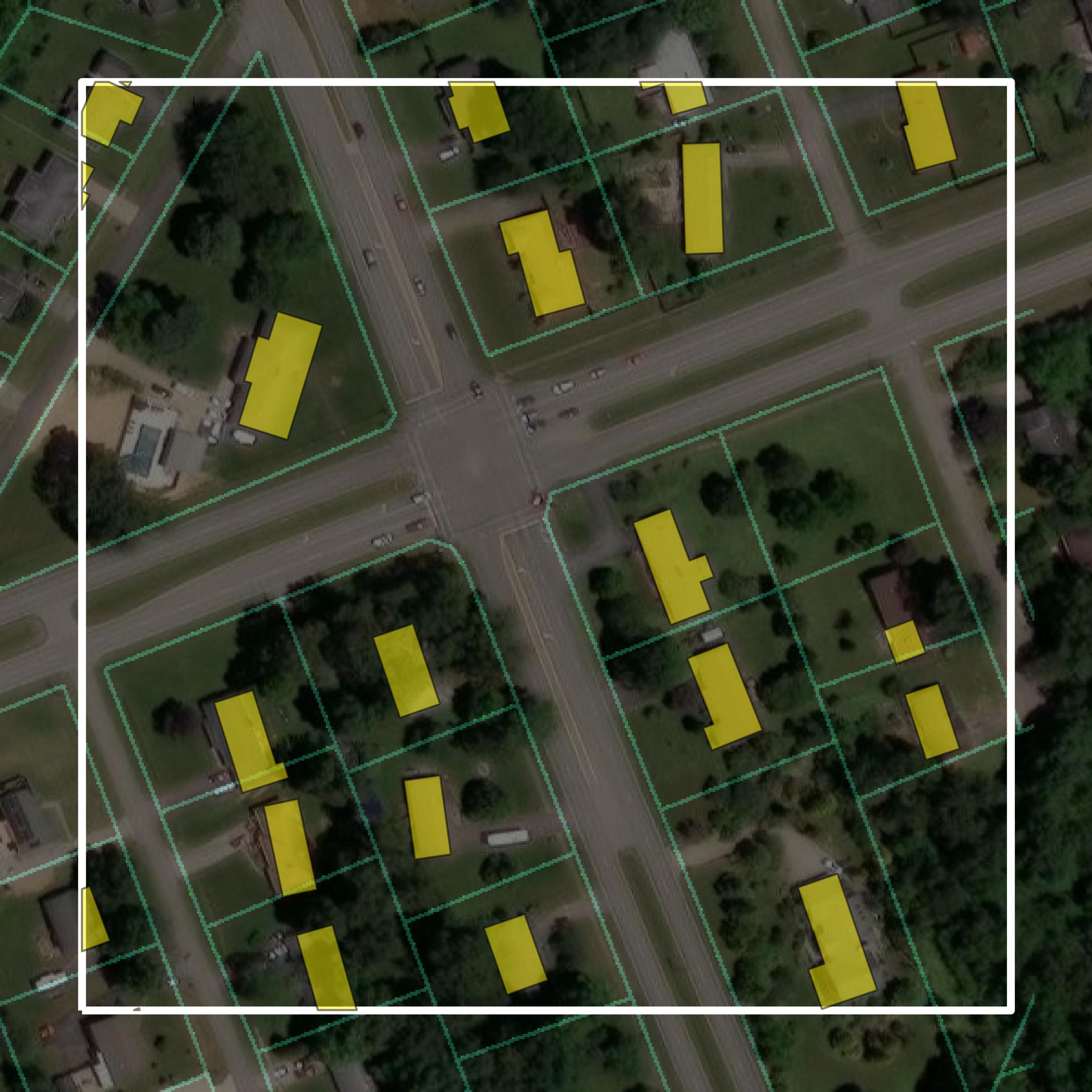 This image shows parcel and building data in Hardin County created using GIS data in Equator.