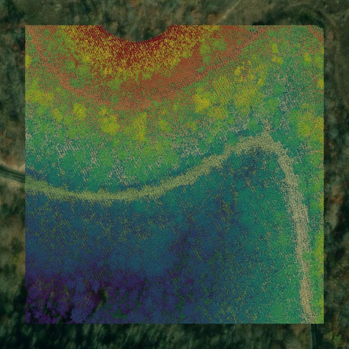 This image shows a LiDAR point cloud in Harlan County created using GIS data in Equator.