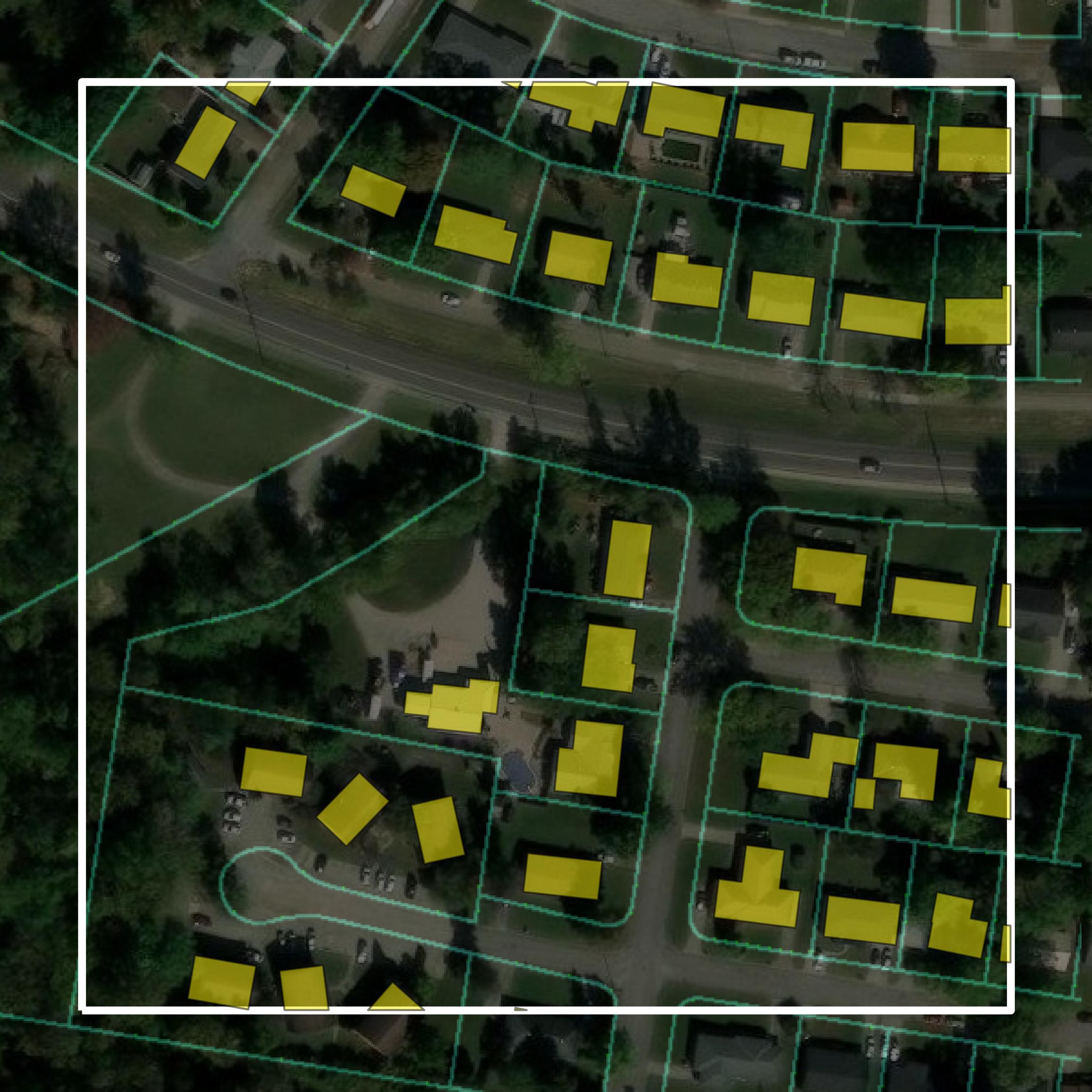 This image shows parcel and building data in Henderson County created using GIS data in Equator.