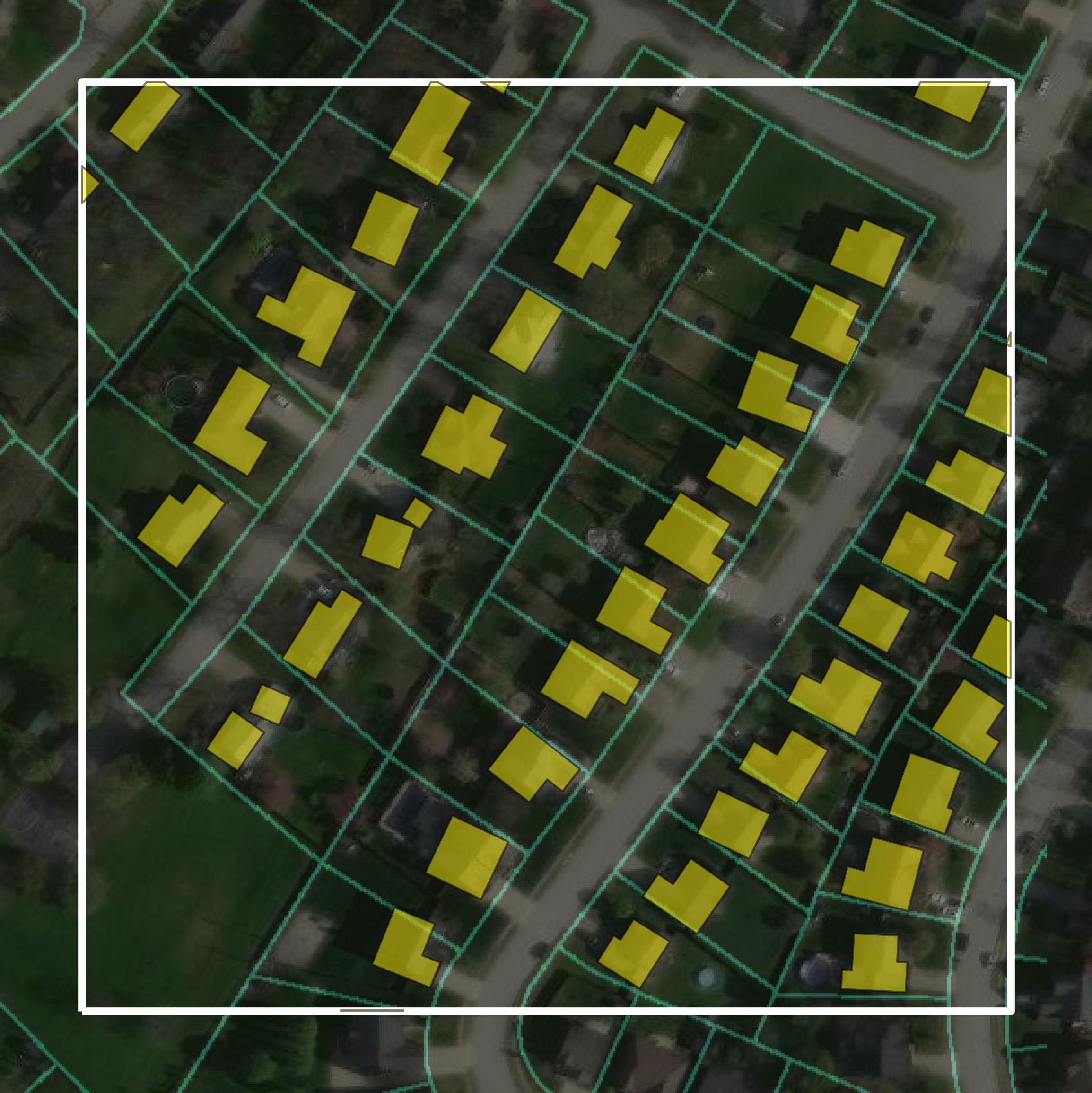 This image shows parcel and building data in Jessamine County created using GIS data in Equator.