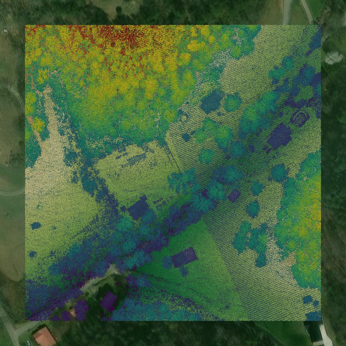 This image shows a LiDAR point cloud in Johnson County created using GIS data in Equator.
