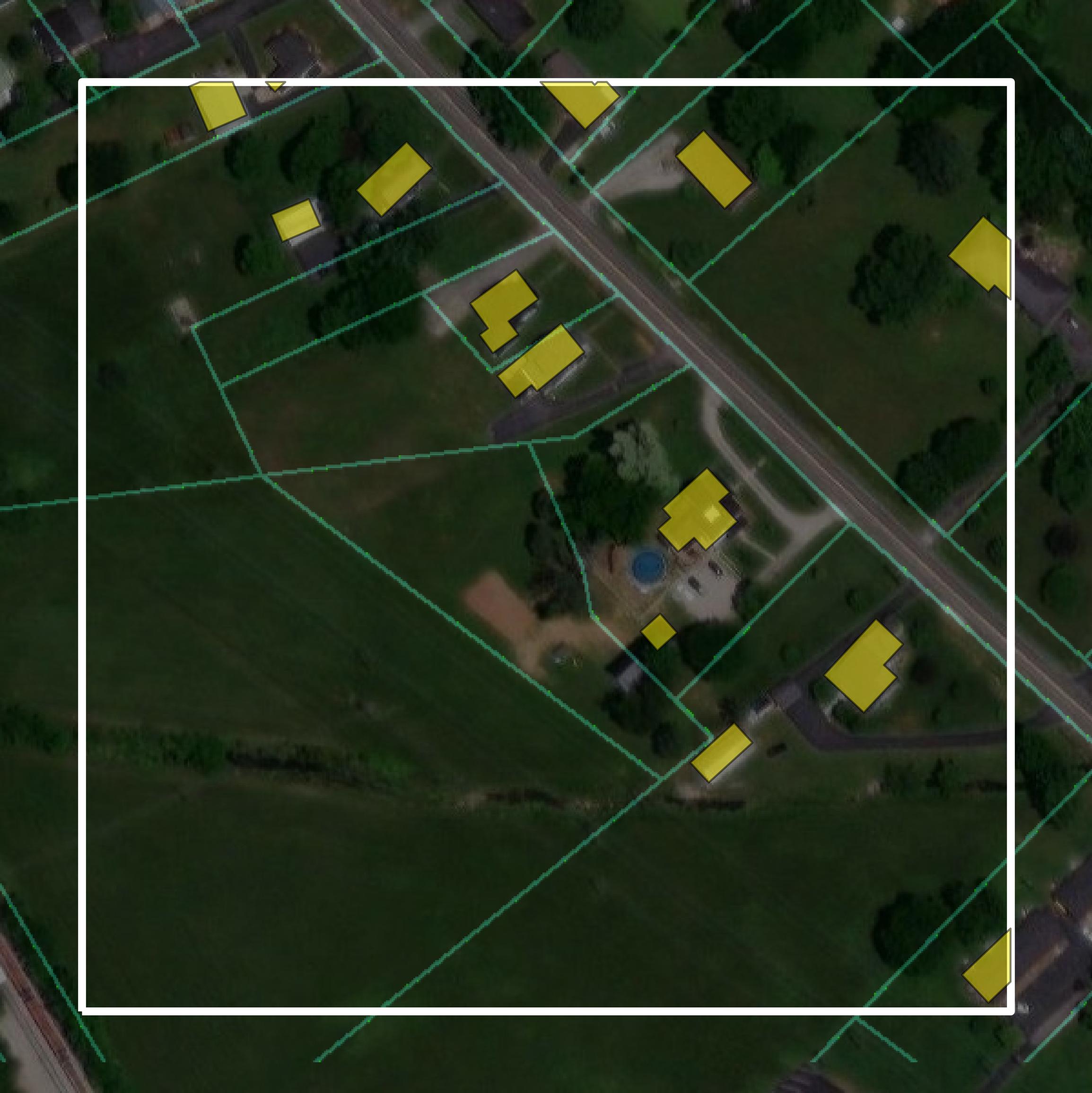 This image shows parcel and building data in Logan County created using GIS data in Equator.