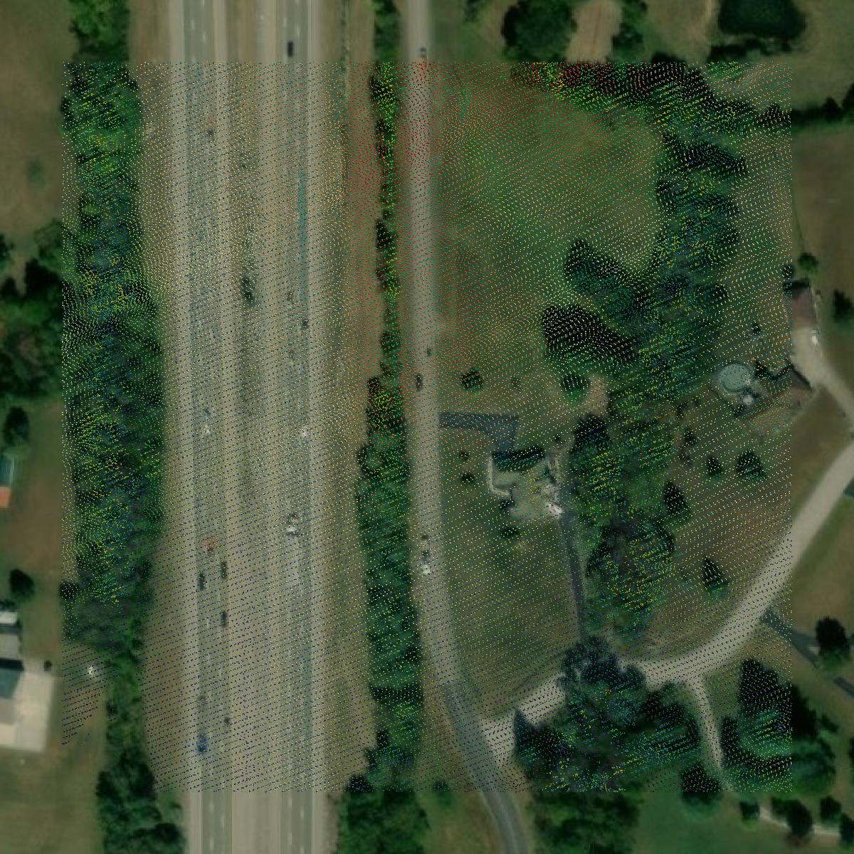 This image shows a LiDAR point cloud in Madison County created using GIS data in Equator.